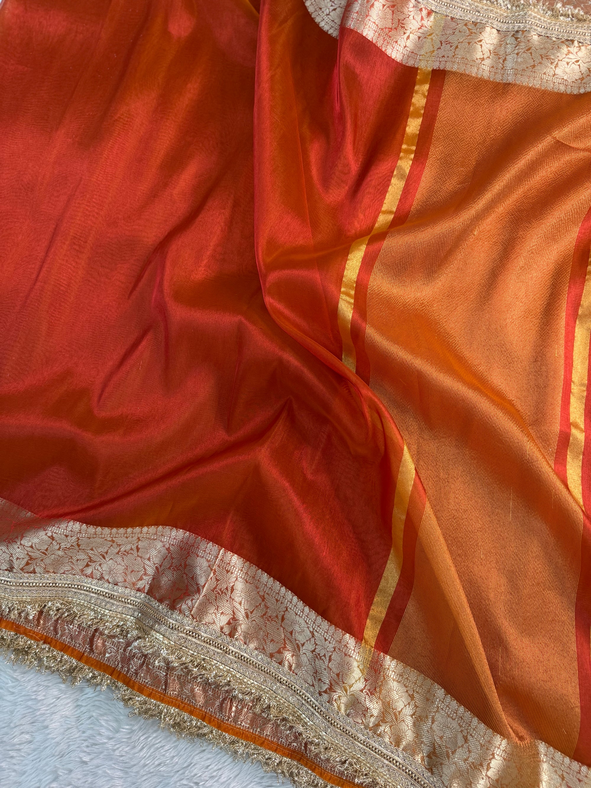 PREMIUM RADDISH RUST SOFT TISSUE SILK SAREE WITH LACE ATTACHED