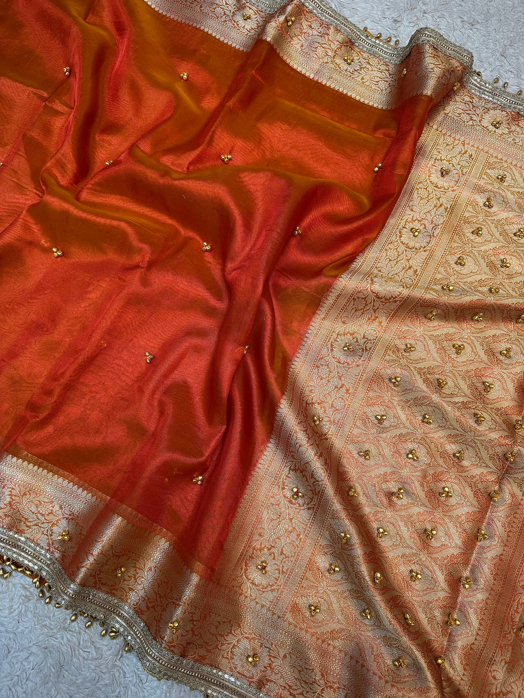 PREMIUM RUST SHADE GHUNGROO WORK SOFT BANARASI TISSUE SILK DESIGNER SAREE