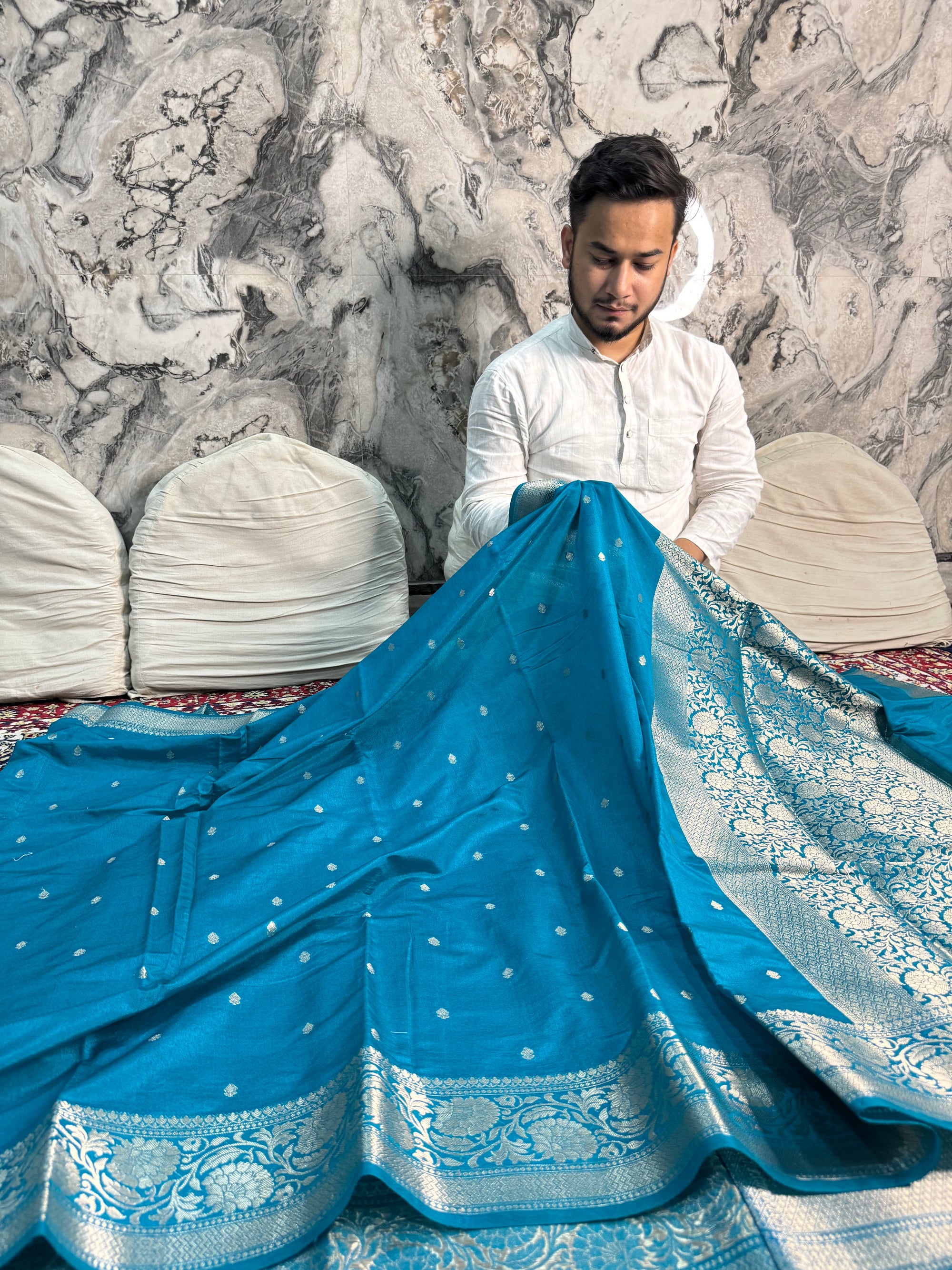 LUXURIOUS TEAL BLUE SHADE GEORGETTE KATAN DESIGNER SAREE