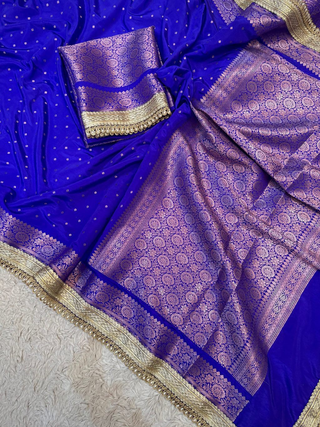 PREMIUM ROYAL BLUE SHADE GEORGETTE KATAN SILK SAREE WITH MOTI LACE ATTACHED