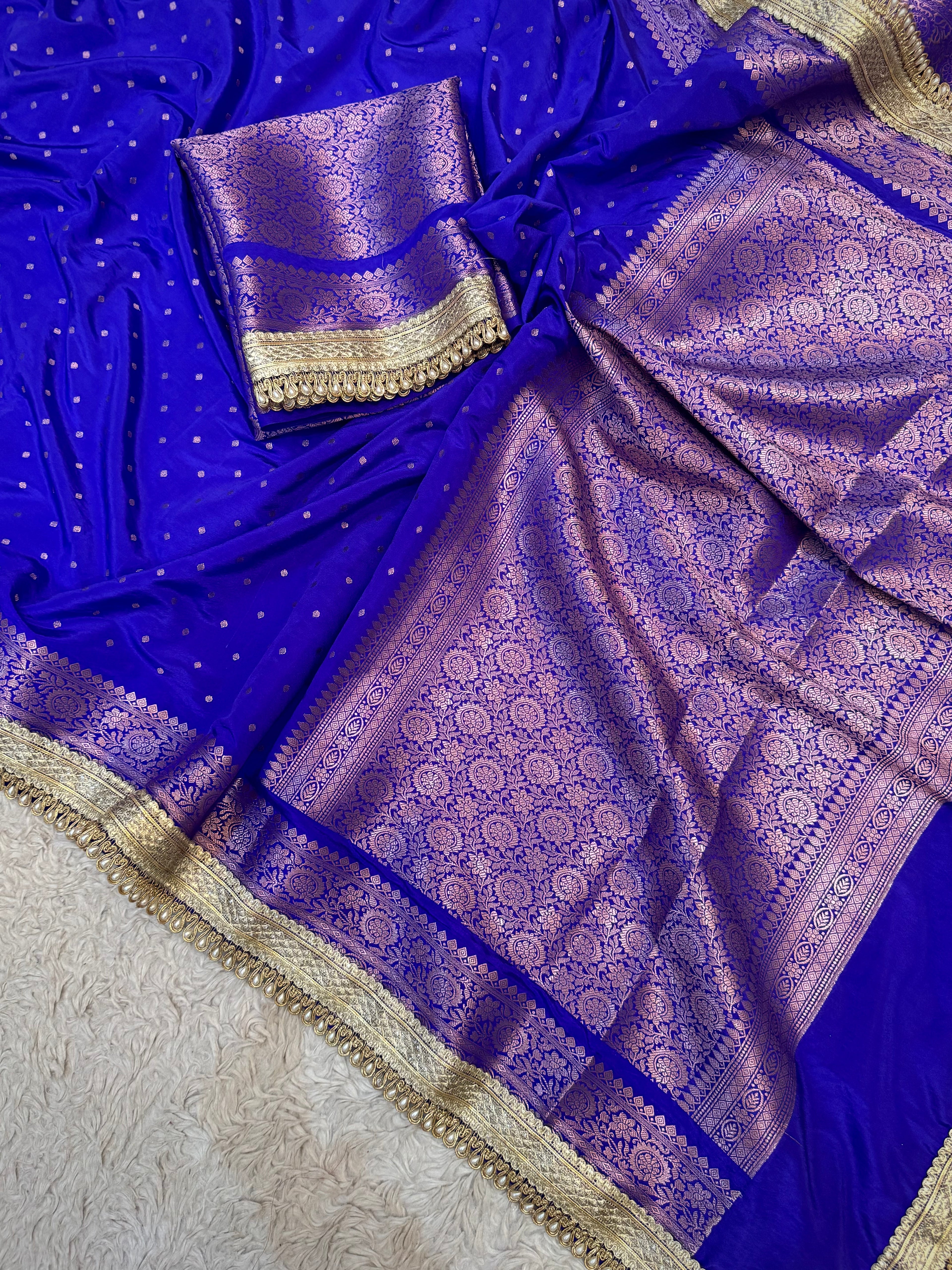PREMIUM ROYAL BLUE SHADE GEORGETTE KATAN SILK SAREE WITH MOTI LACE ATTACHED