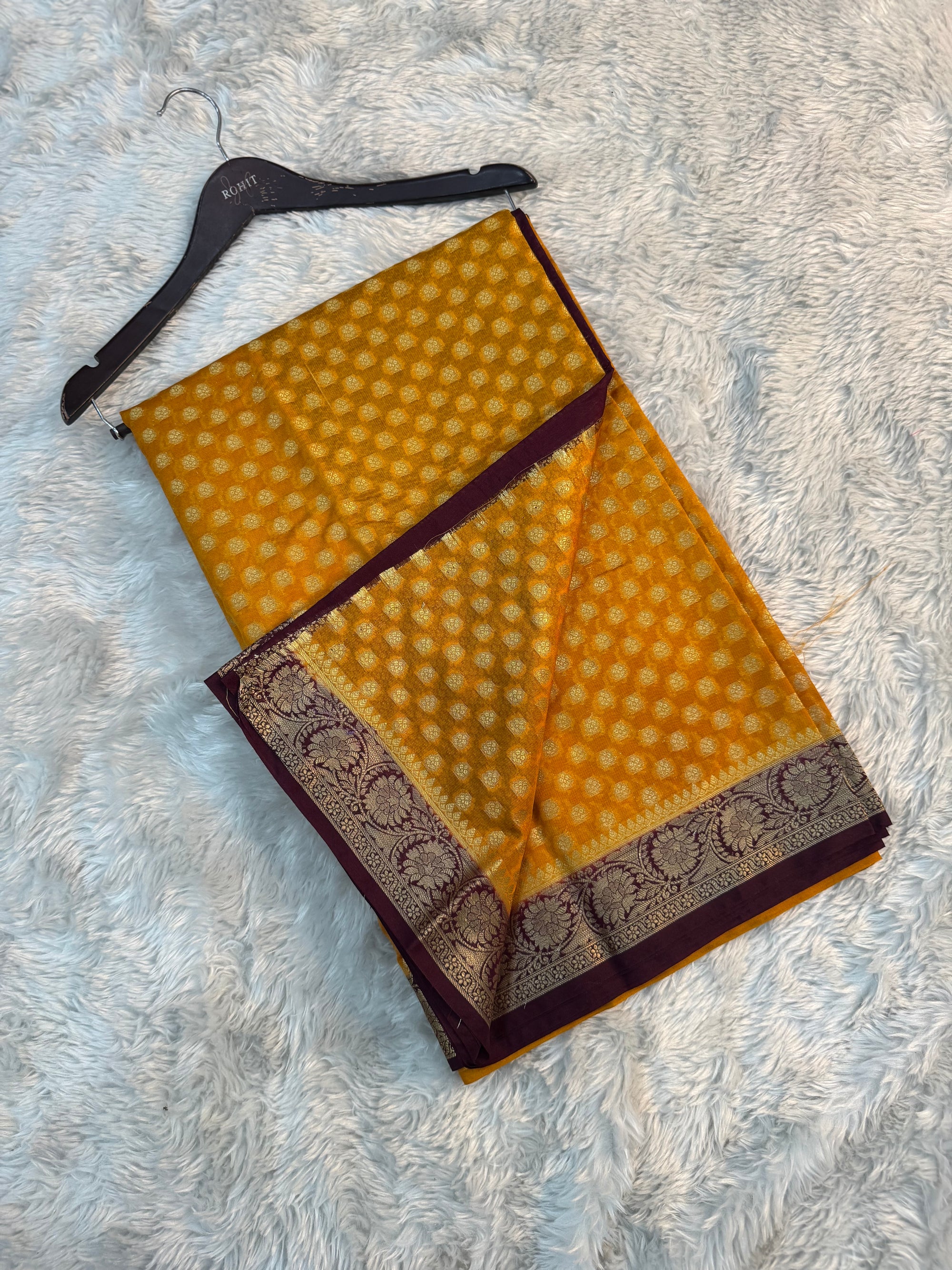 MUSTARD YELLOW AND WINE SHADE GEORGETTE BANARASI SAREE