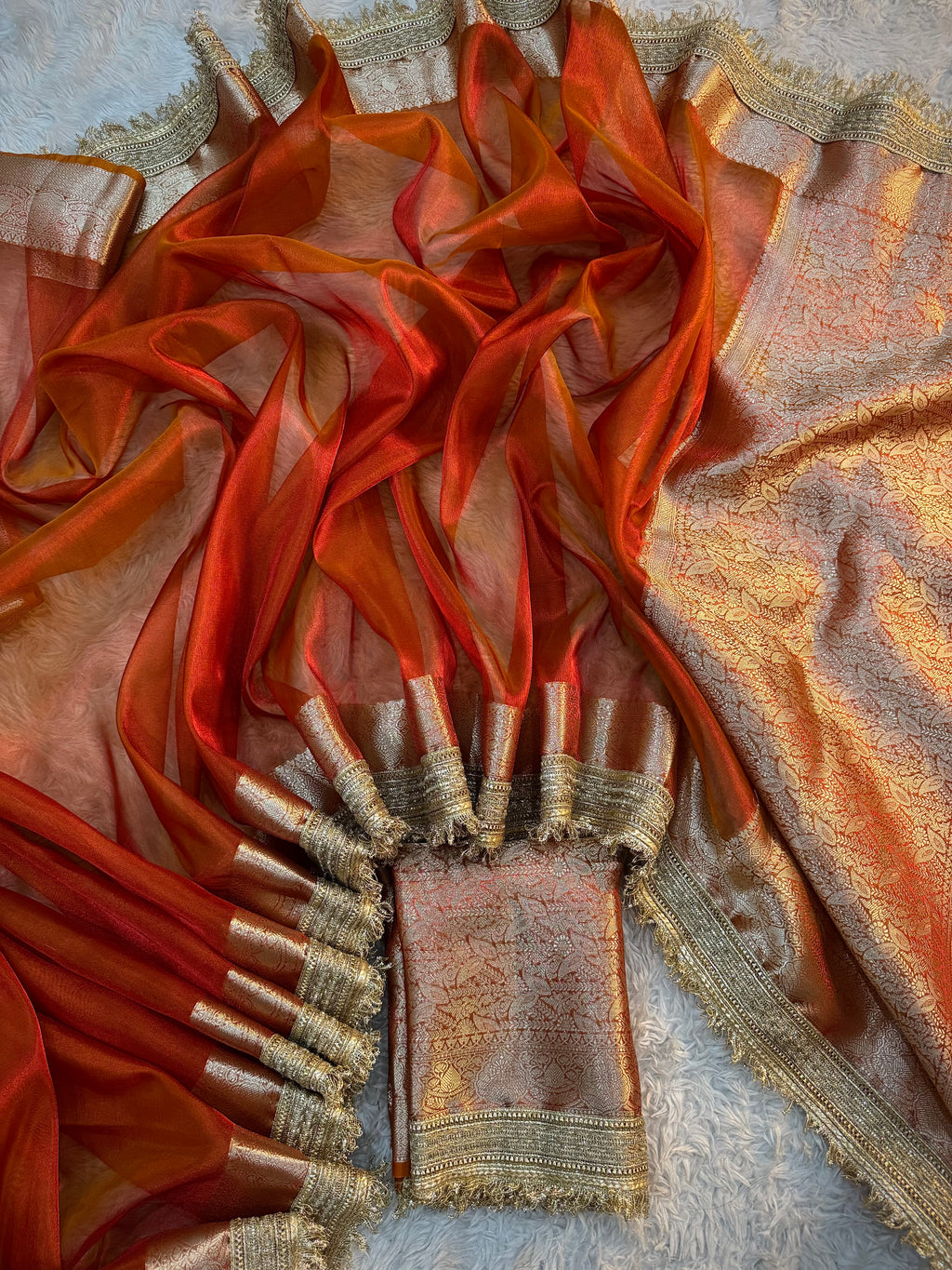 PREMIUM RUST SHADE SOFT TISSUE SILK SAREE WITH LACE ATTACHED