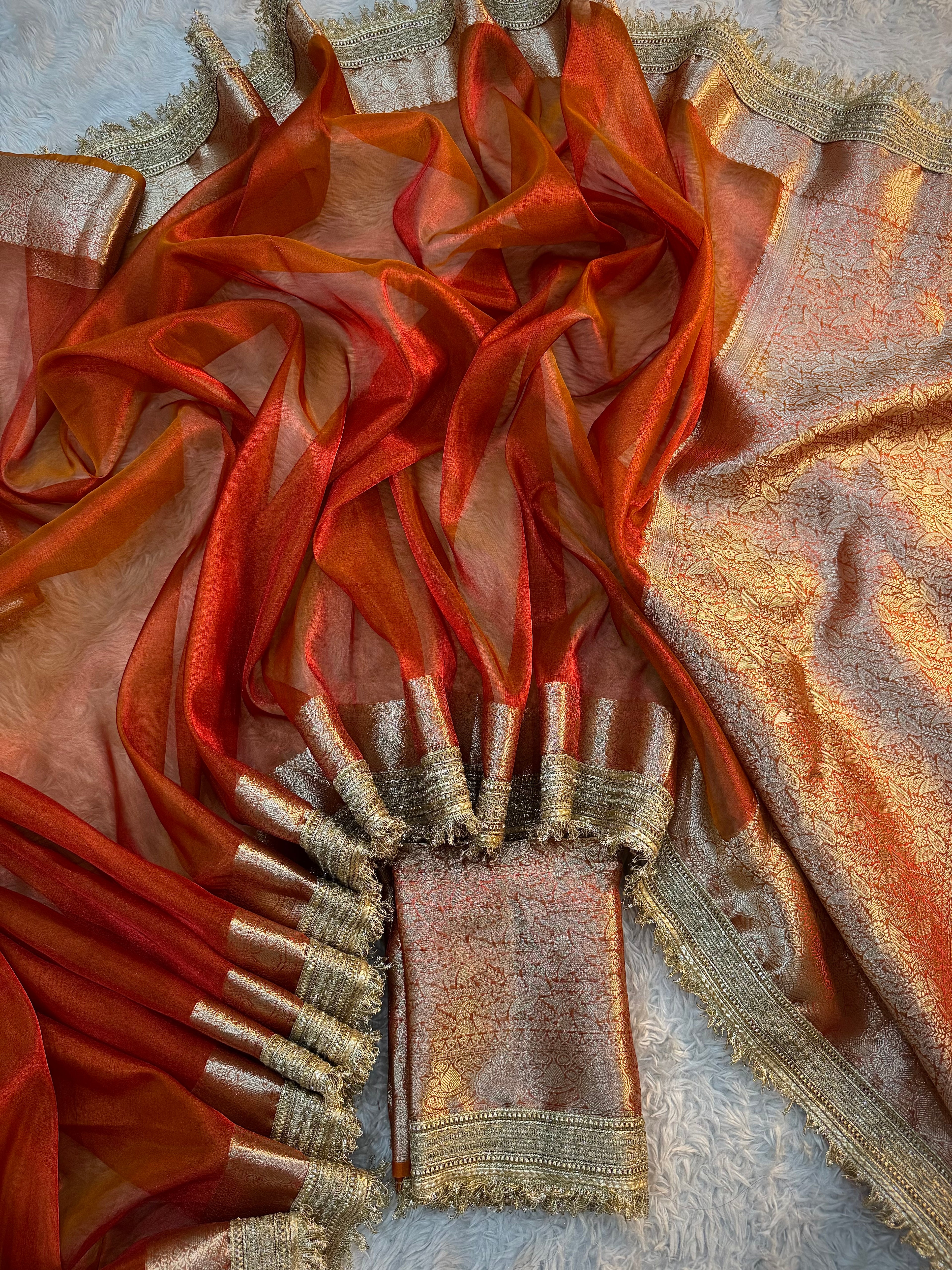 PREMIUM RUST SHADE SOFT TISSUE SILK SAREE WITH LACE ATTACHED