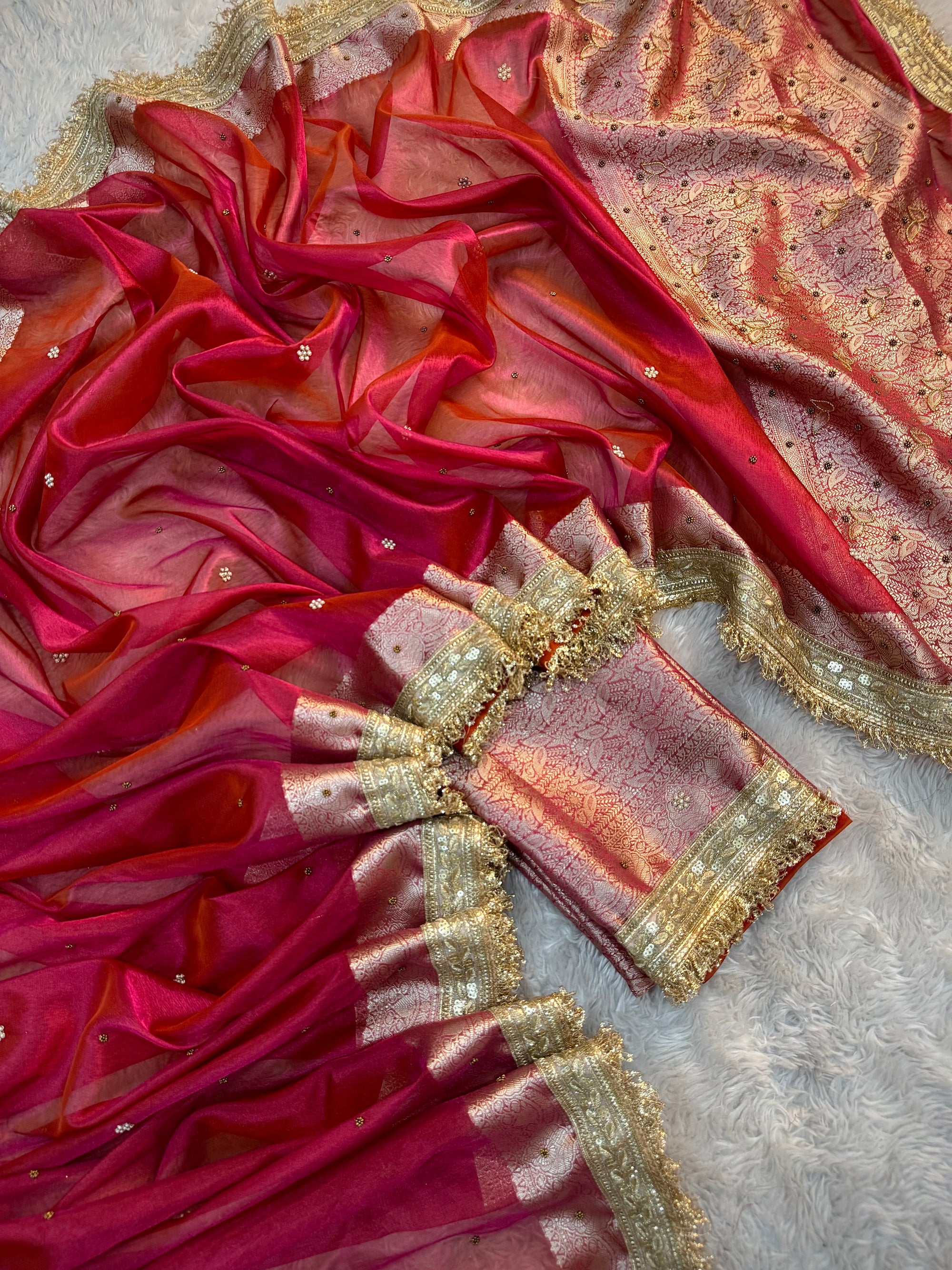 LUXURIOUS ORANGE PINK SHADE SOFT TISSUE SILK WITH PREMIUM HAND EMBROIDERY AND LACE WORK