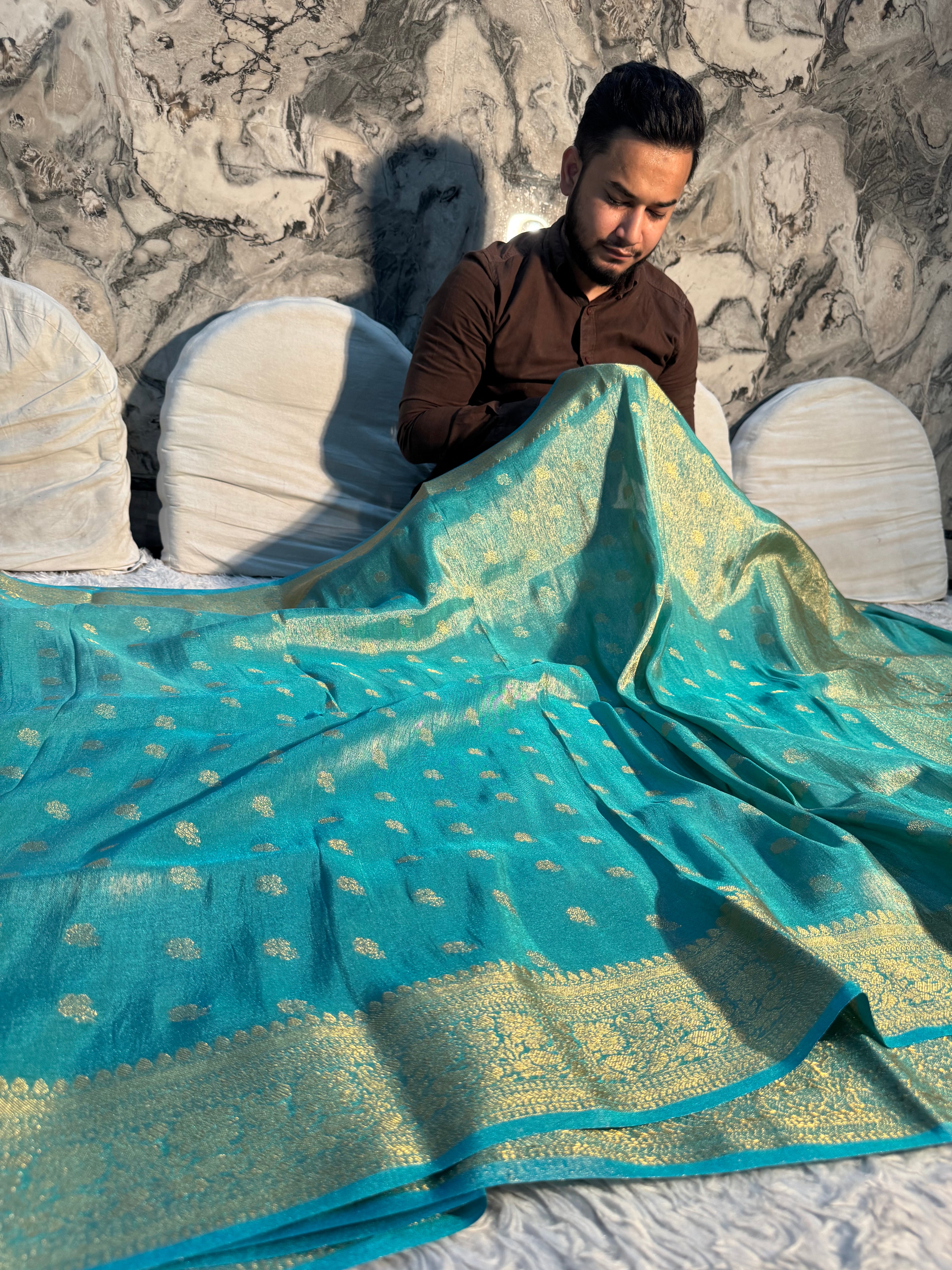 PREMIUM SEA BLUE SHADE SOFT KATAN TISSUE SILK SAREE