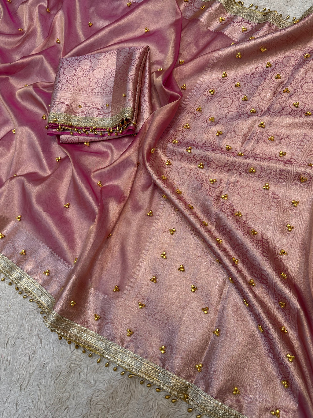 PREMIUM BABY PINK SHADE GHUNGROO WORK SOFT BANARASI TISSUE SILK DESIGNER SAREE