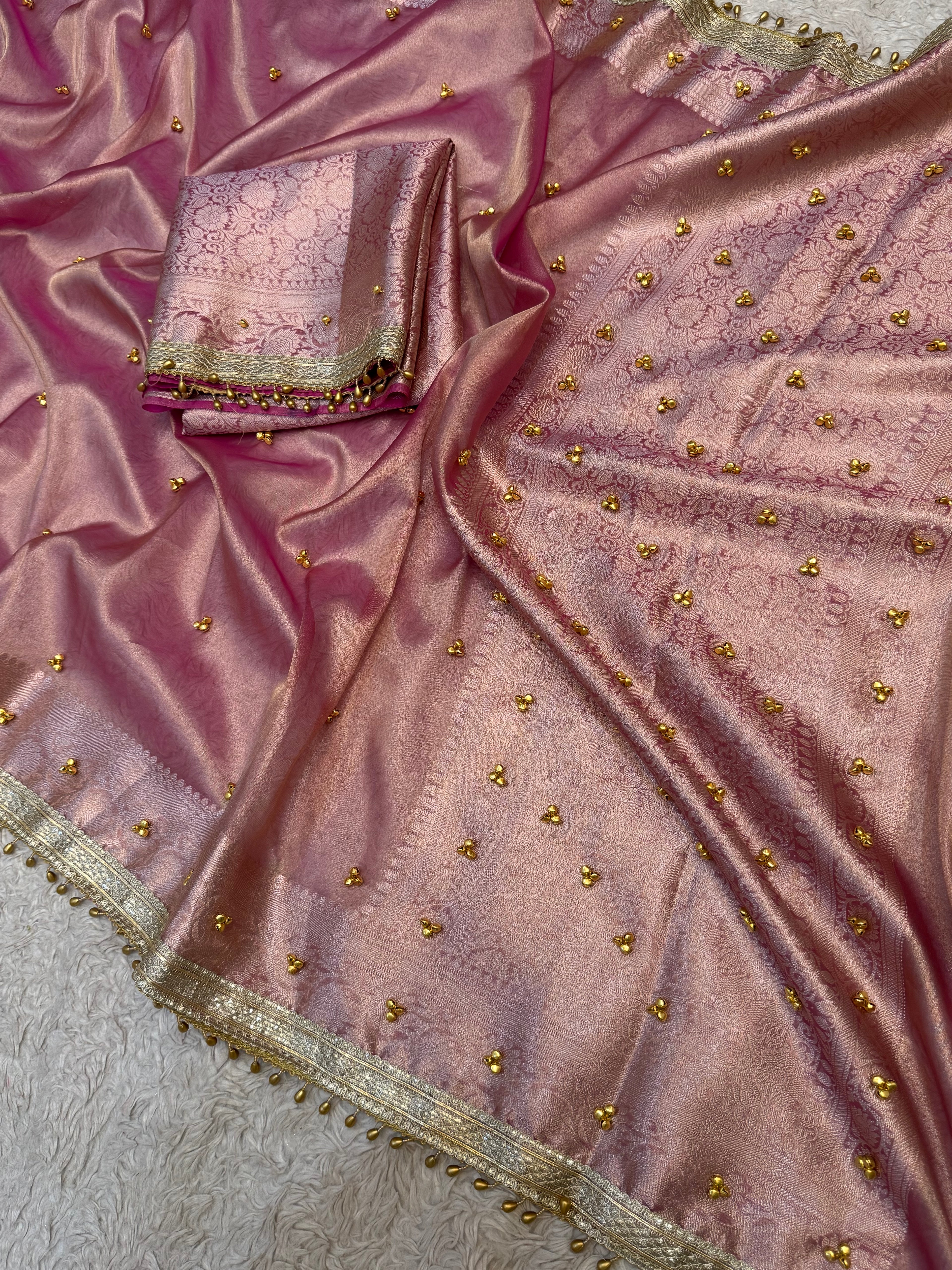 PREMIUM BABY PINK SHADE GHUNGROO WORK SOFT BANARASI TISSUE SILK DESIGNER SAREE