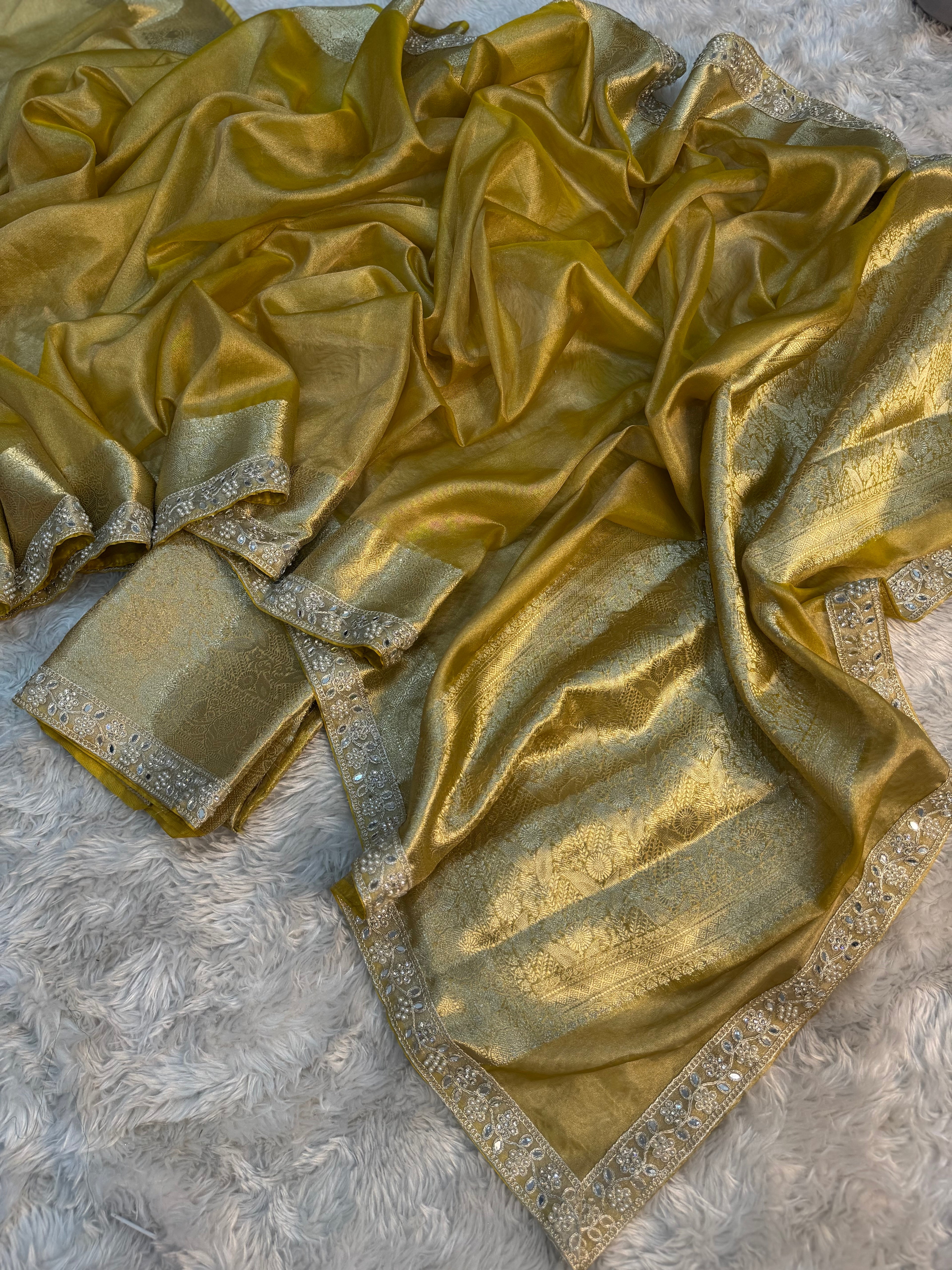 PREMIUM YELLOW SHADE SOFT TISSUE SILK SAREE WITH MOTI LACE ATTACHED