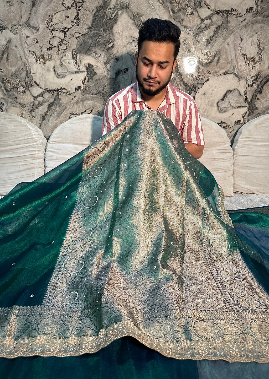EXCLUSIVE PEACOCK GREEN SHADE SOFT TISSUE SILK SAREE DESIGNER HAND STONE WORK AND LACE ATTACHED