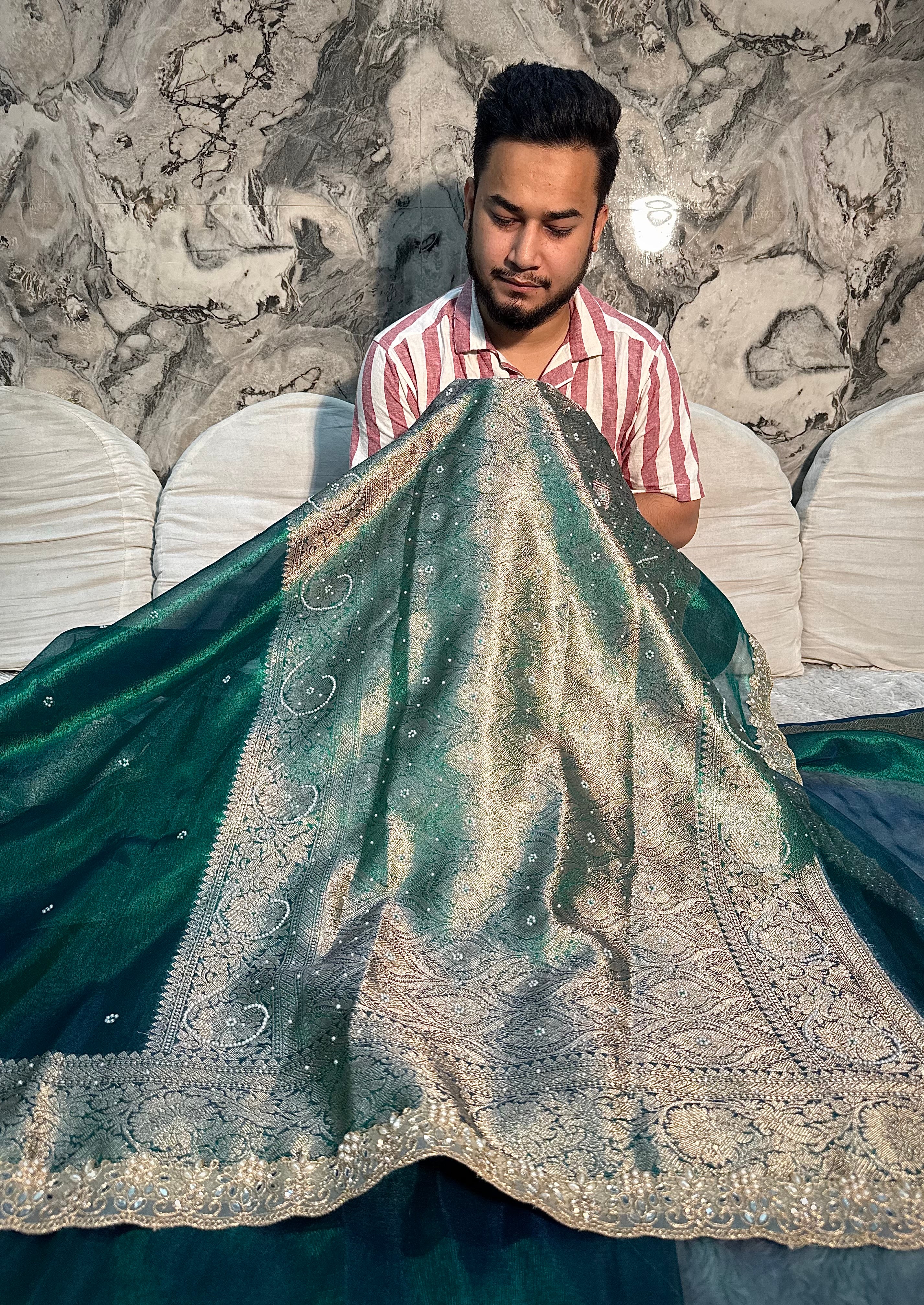 EXCLUSIVE PEACOCK GREEN SHADE SOFT TISSUE SILK SAREE DESIGNER HAND STONE WORK AND LACE ATTACHED