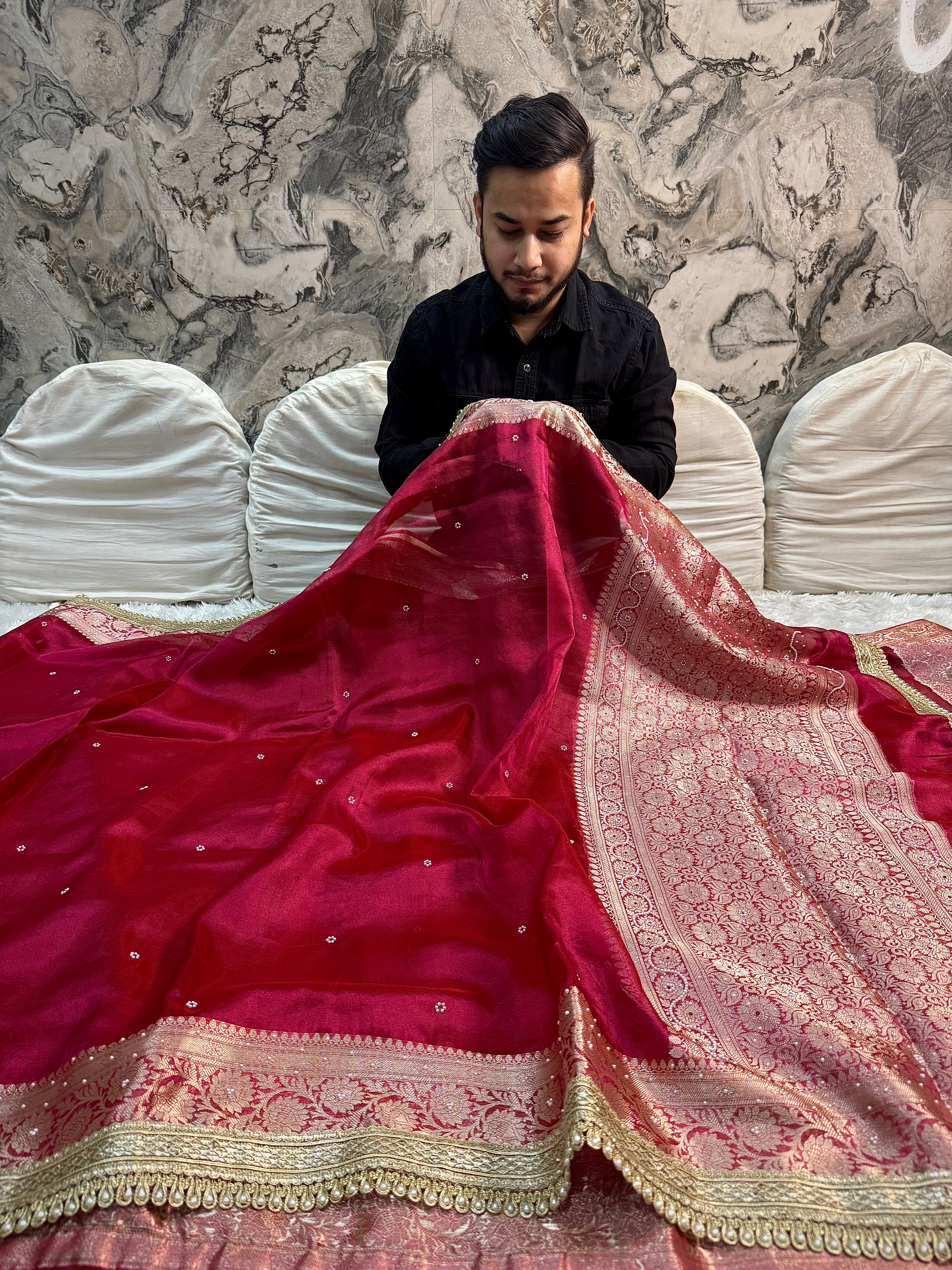 EXCLUSIVE HOT RANI SHADE SOFT TISSUE SILK SAREE DESIGNER HAND STONE WORK WITH MOTI LACE ATTACHED