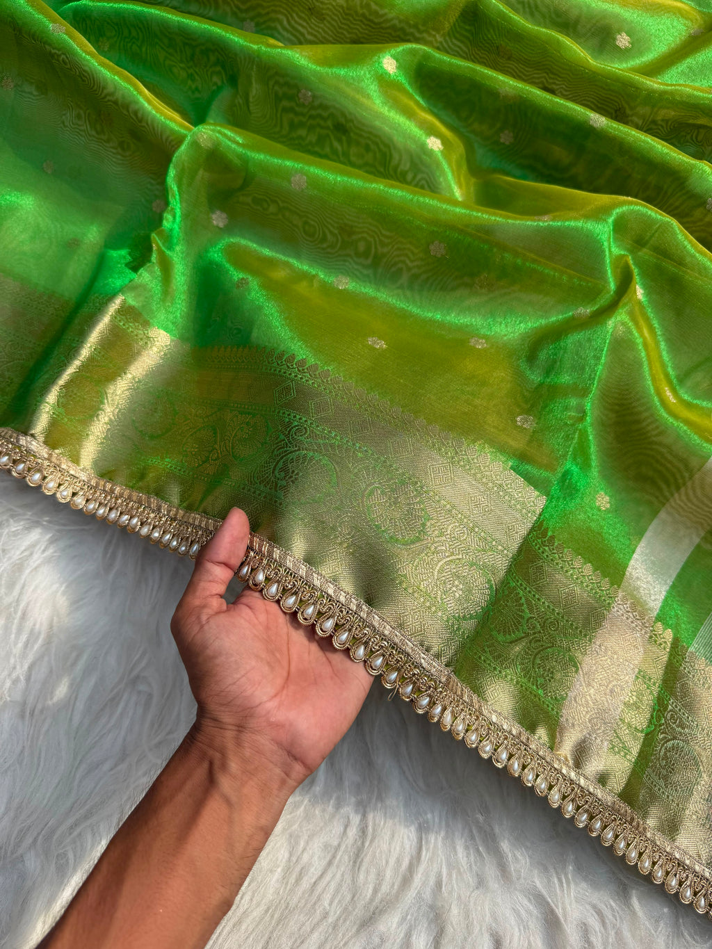 PREMIUM MINT GREEN SHADE DESIGNER TISSUE SILK BOOTI SAREE WITH LACE ATTACHED