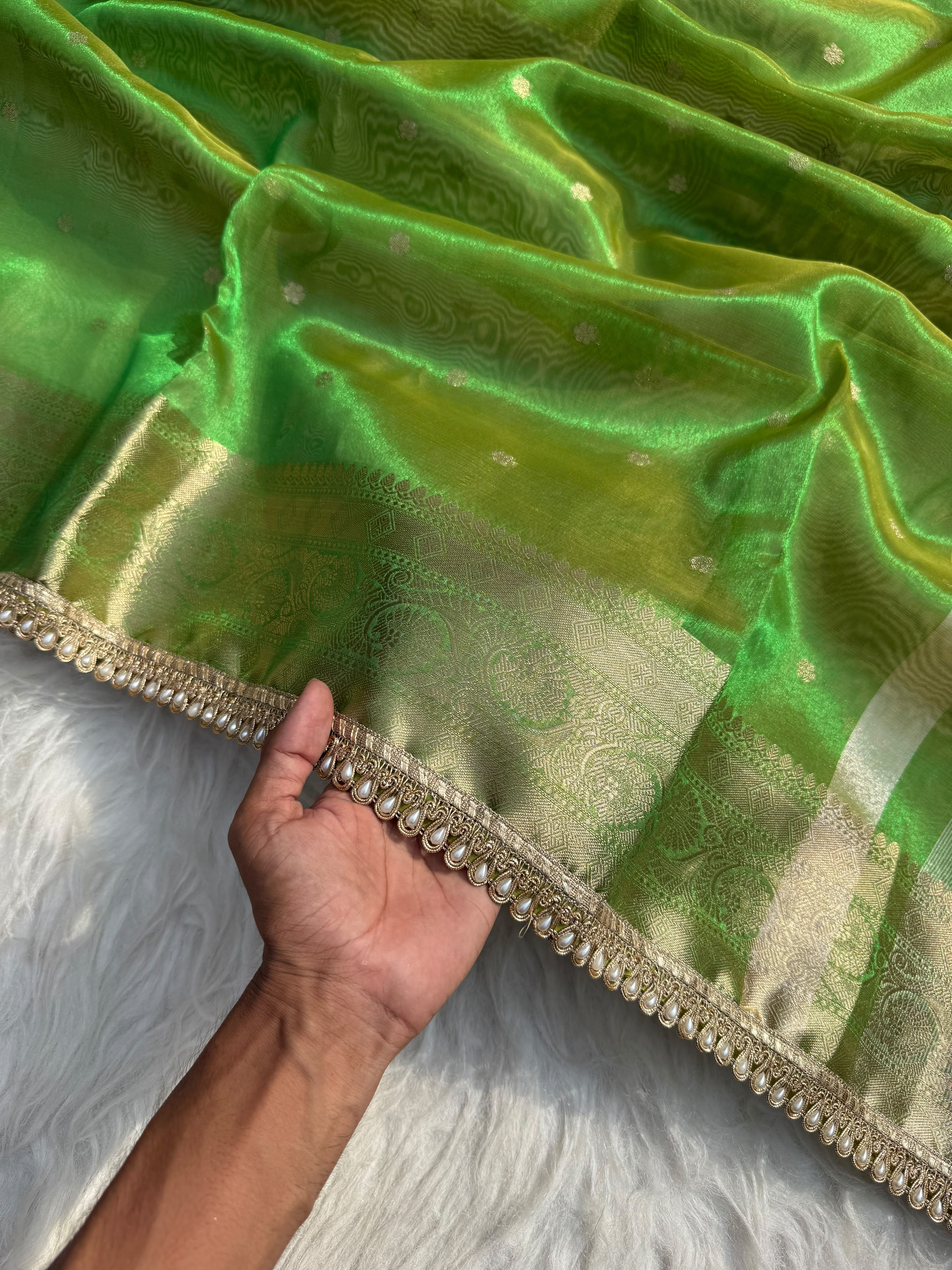 PREMIUM MINT GREEN SHADE DESIGNER TISSUE SILK BOOTI SAREE WITH LACE ATTACHED