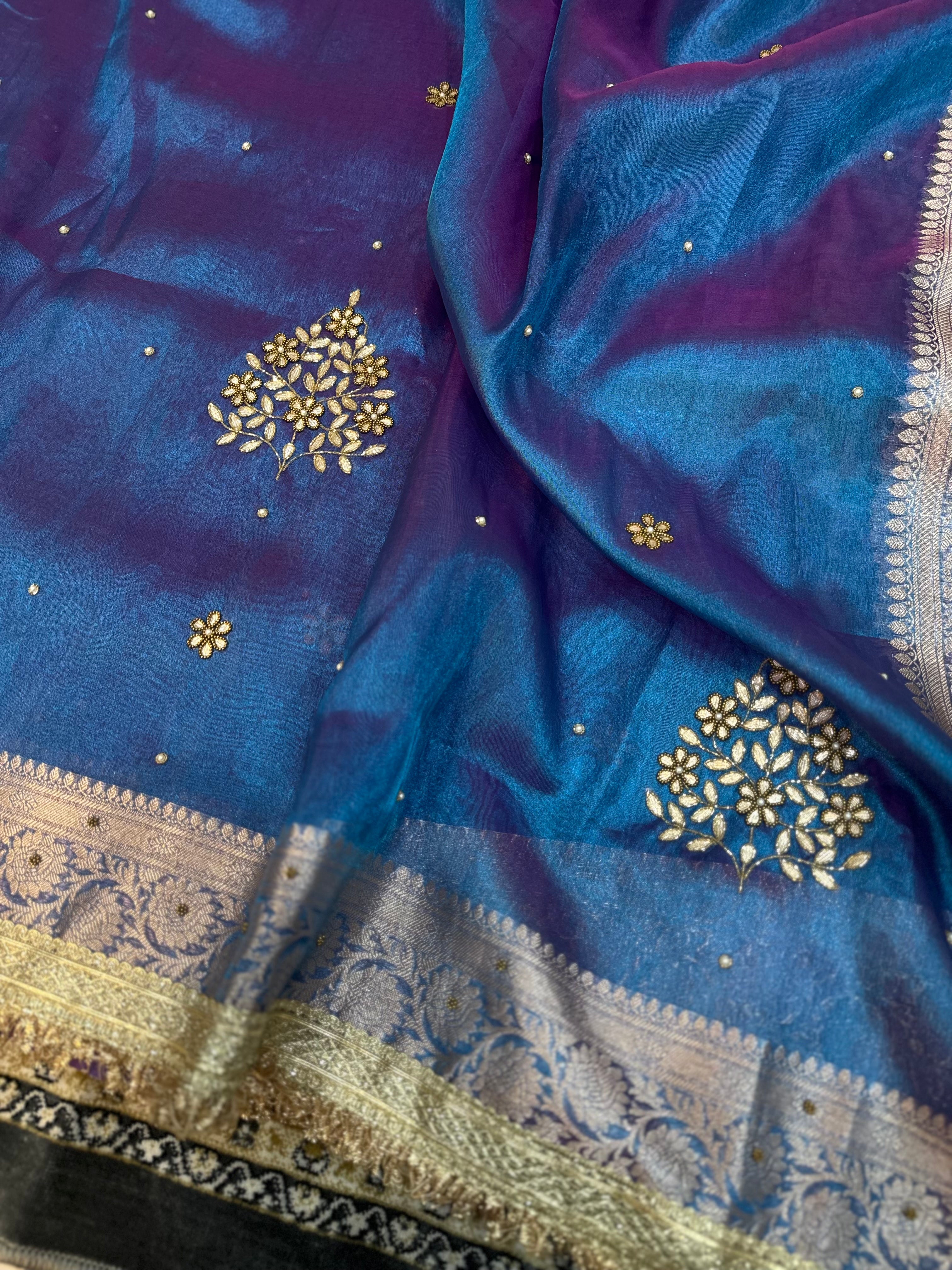 DHOOP CHAON SHADE FIROZI BLUE  AND RANI SOFT TISSUE SILK SAREE WITH PREMIUM ZARDOZI DESIGNER SAREE