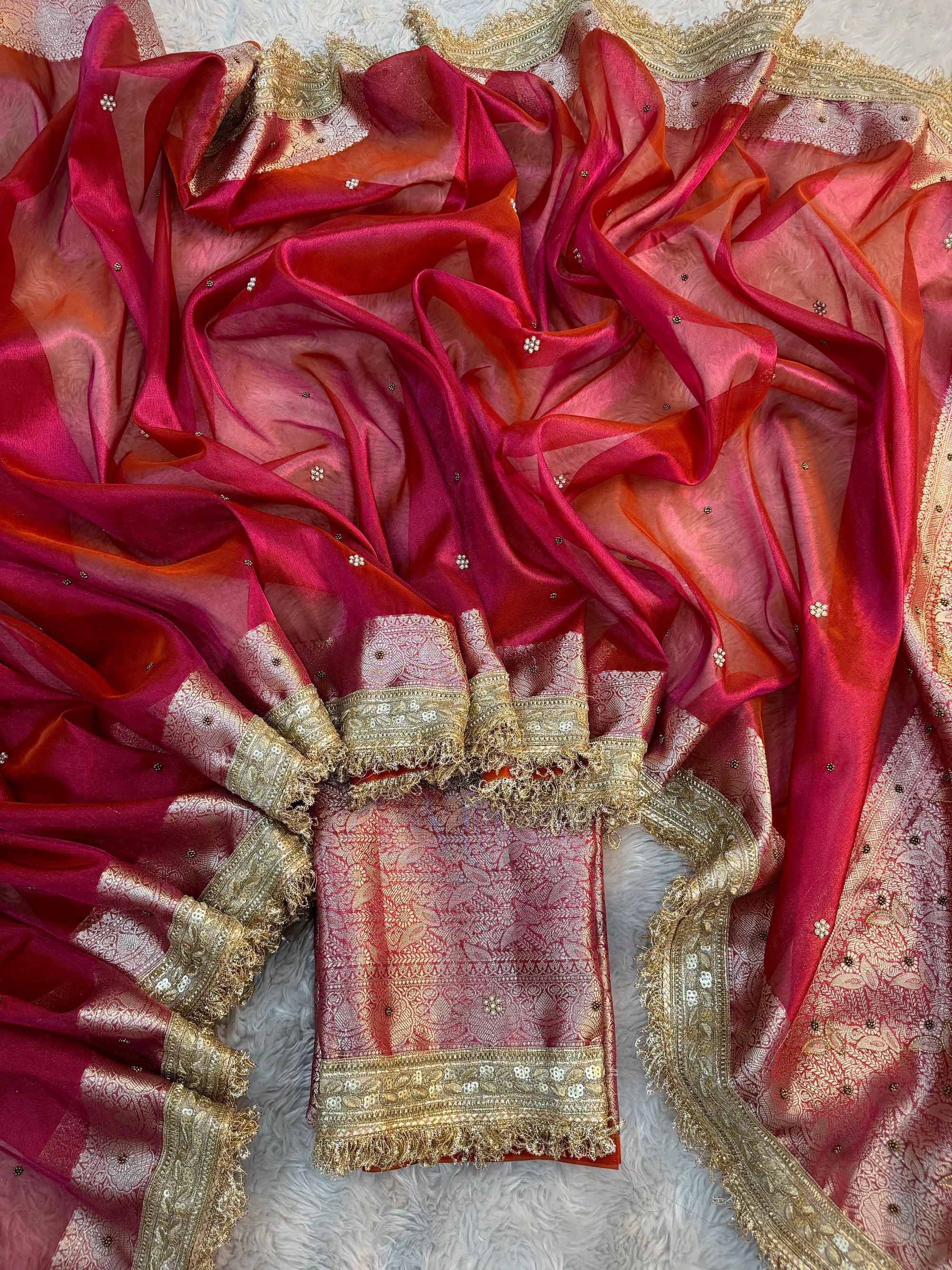 LUXURIOUS ORANGE PINK SHADE SOFT TISSUE SILK WITH PREMIUM HAND EMBROIDERY AND LACE WORK