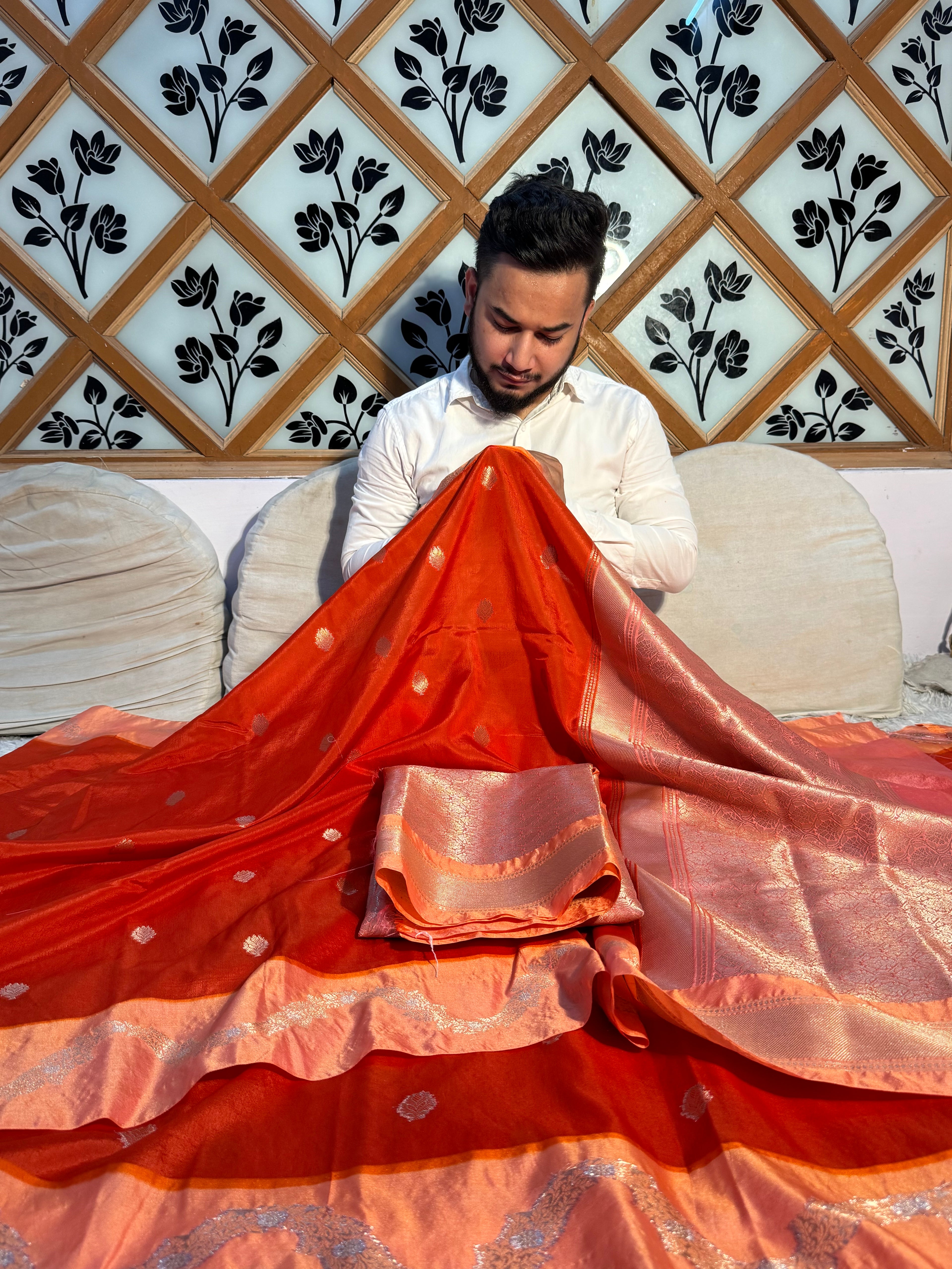 PREMIUM ORANGE AND PEACH SHADE BANARASI VISCOSE SILK WITH SATIN BORDER