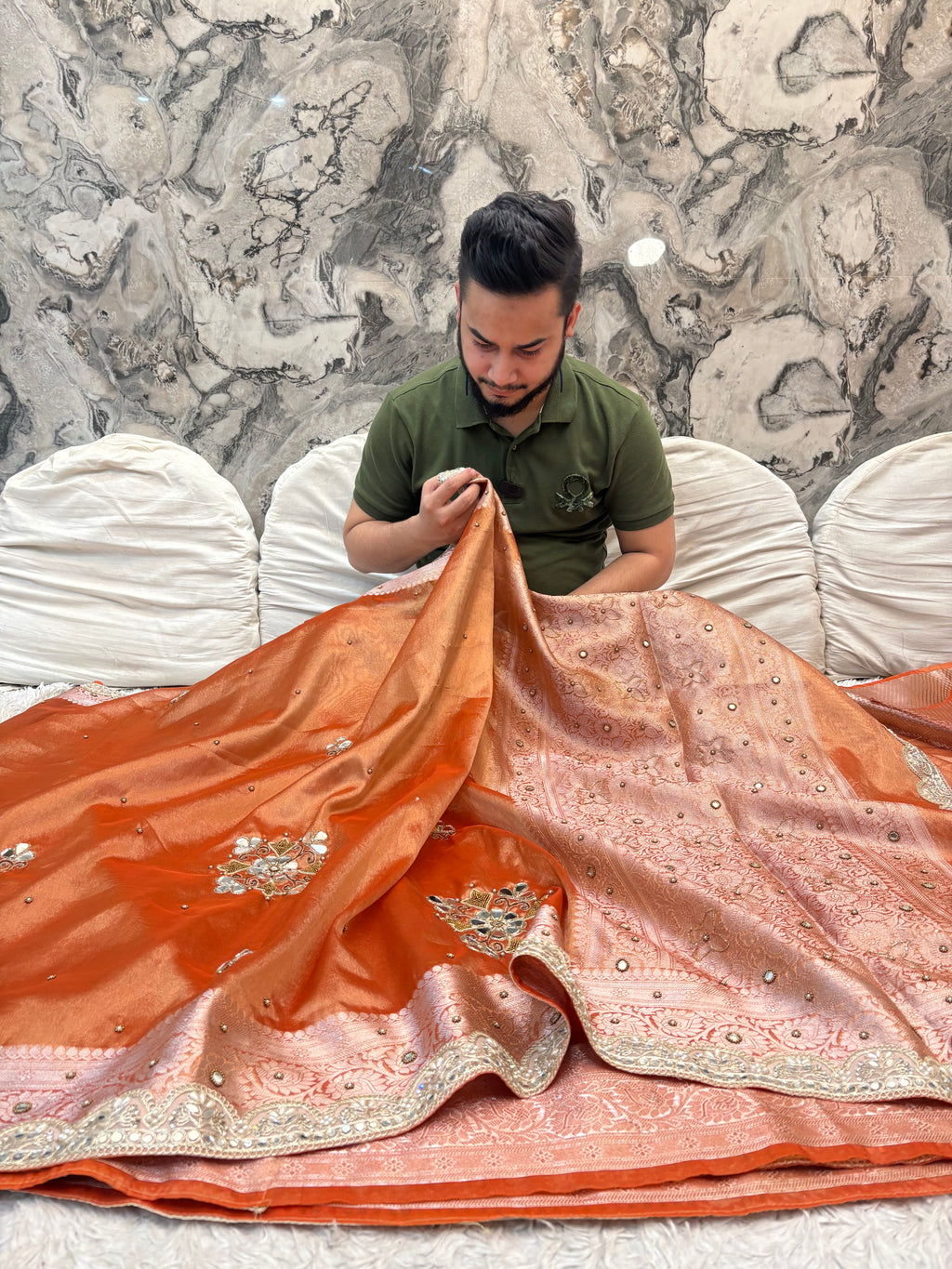 LUXURIOUS ORANGE SHADE SOFT TISSUE SILK SAREE WITH PREMIUM ZARDOZI MIRROR WORK AND LACE ATTACHED