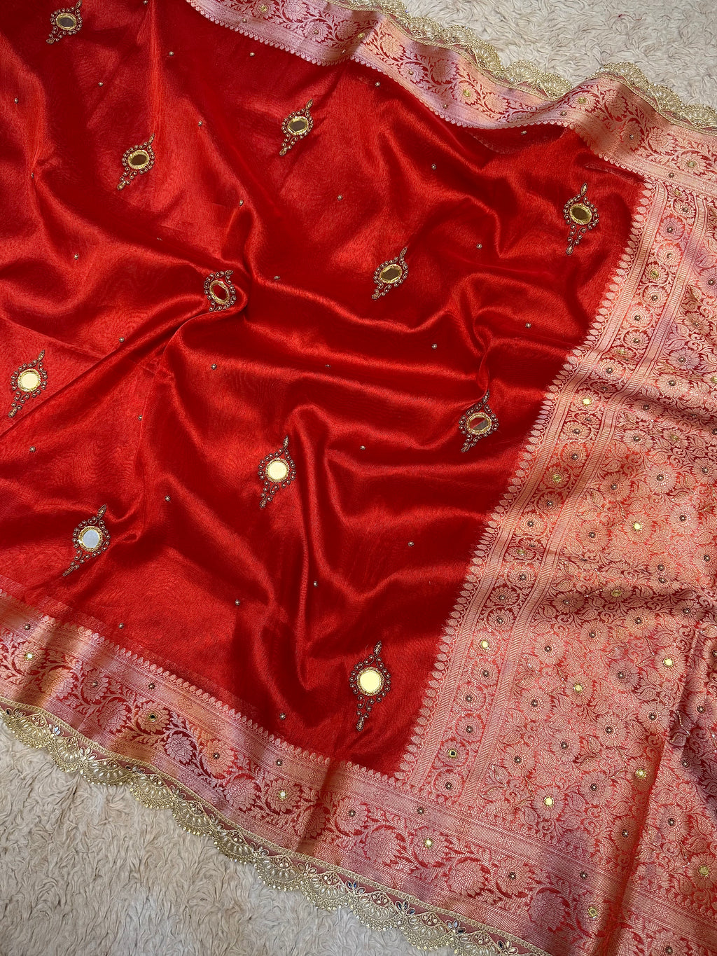 LUXURIOUS BRIDAL RED SHADE SOFT TISSUE SILK SAREE WITH PREMIUM ZARDOZI MIRROR WORK AND LACE ATTACHED