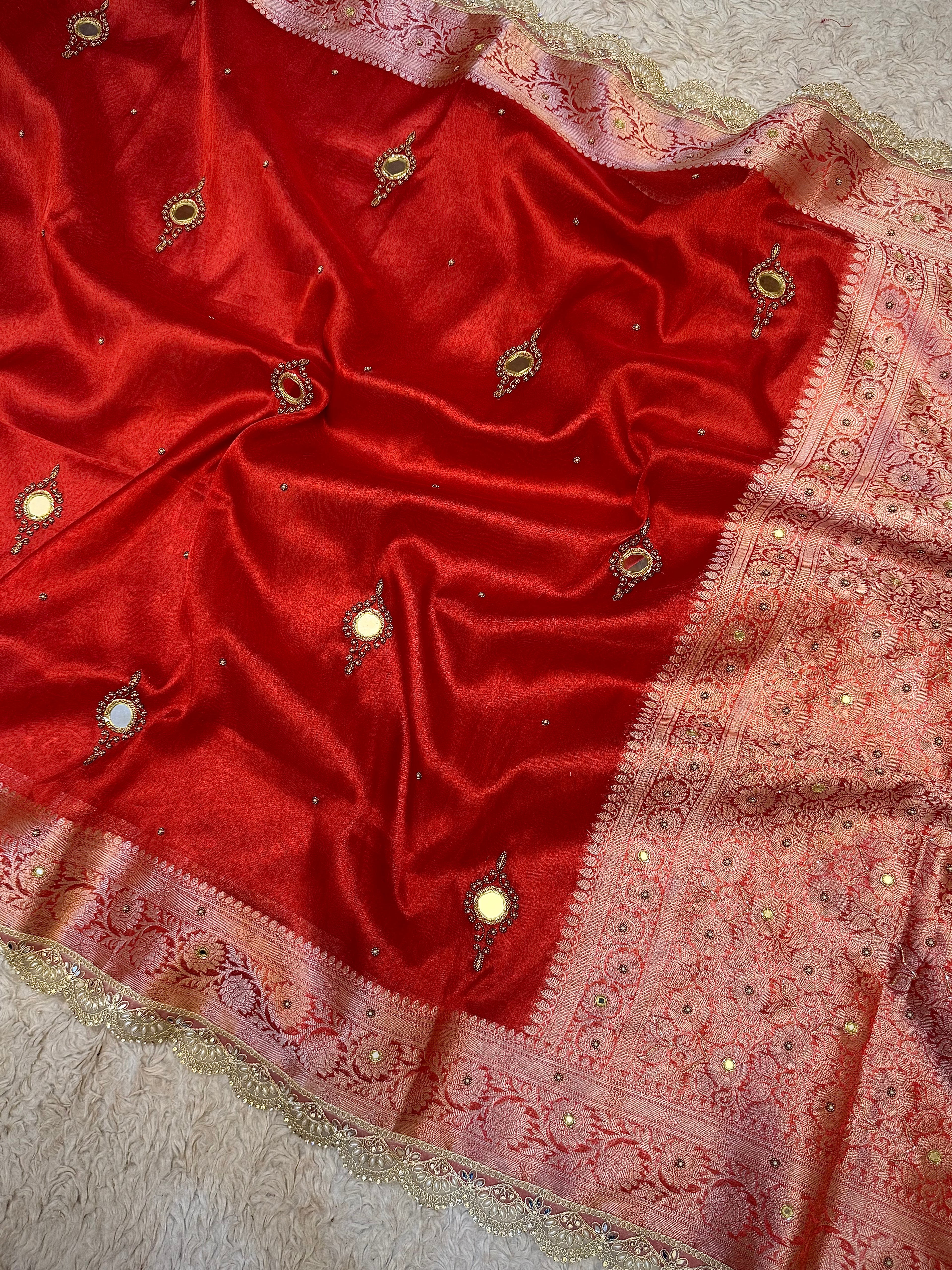 LUXURIOUS BRIDAL RED SHADE SOFT TISSUE SILK SAREE WITH PREMIUM ZARDOZI MIRROR WORK AND LACE ATTACHED
