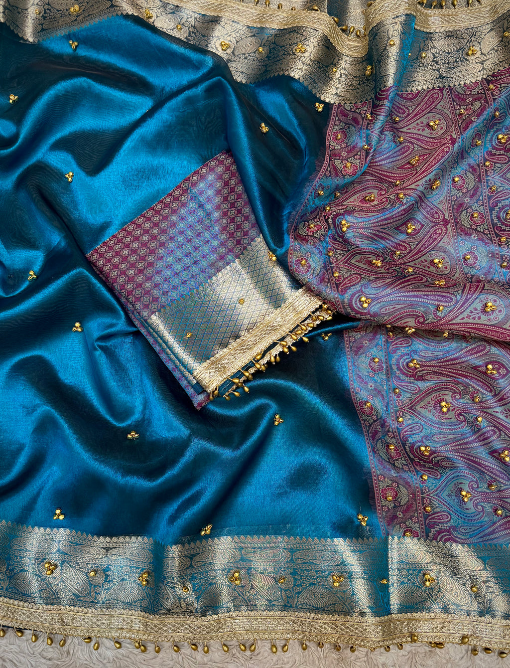 PREMIUM GERMAN BLUE SHADE GHUNGROO WORK BANARASI TISSUE SILK SAREE