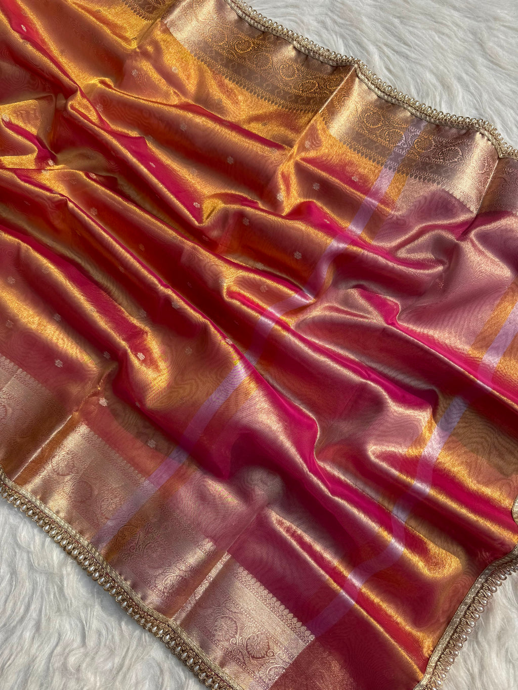 PREMIUM RUST SHADE DESIGNER TISSUE SILK BOOTI SAREE WITH LACE ATTACHED