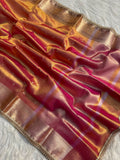 PREMIUM RUST SHADE DESIGNER TISSUE SILK BOOTI SAREE WITH LACE ATTACHED