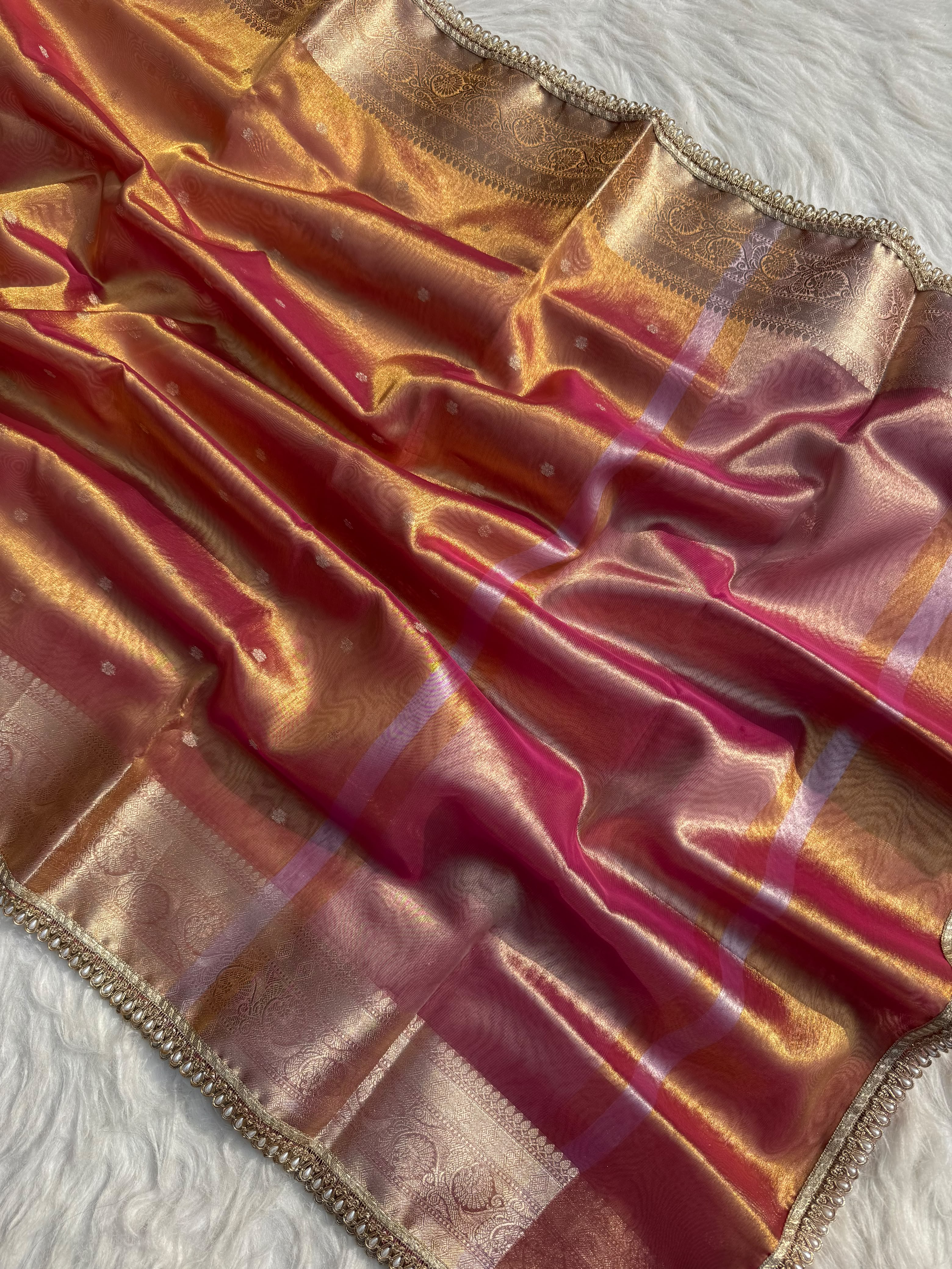 PREMIUM RUST SHADE DESIGNER TISSUE SILK BOOTI SAREE WITH LACE ATTACHED