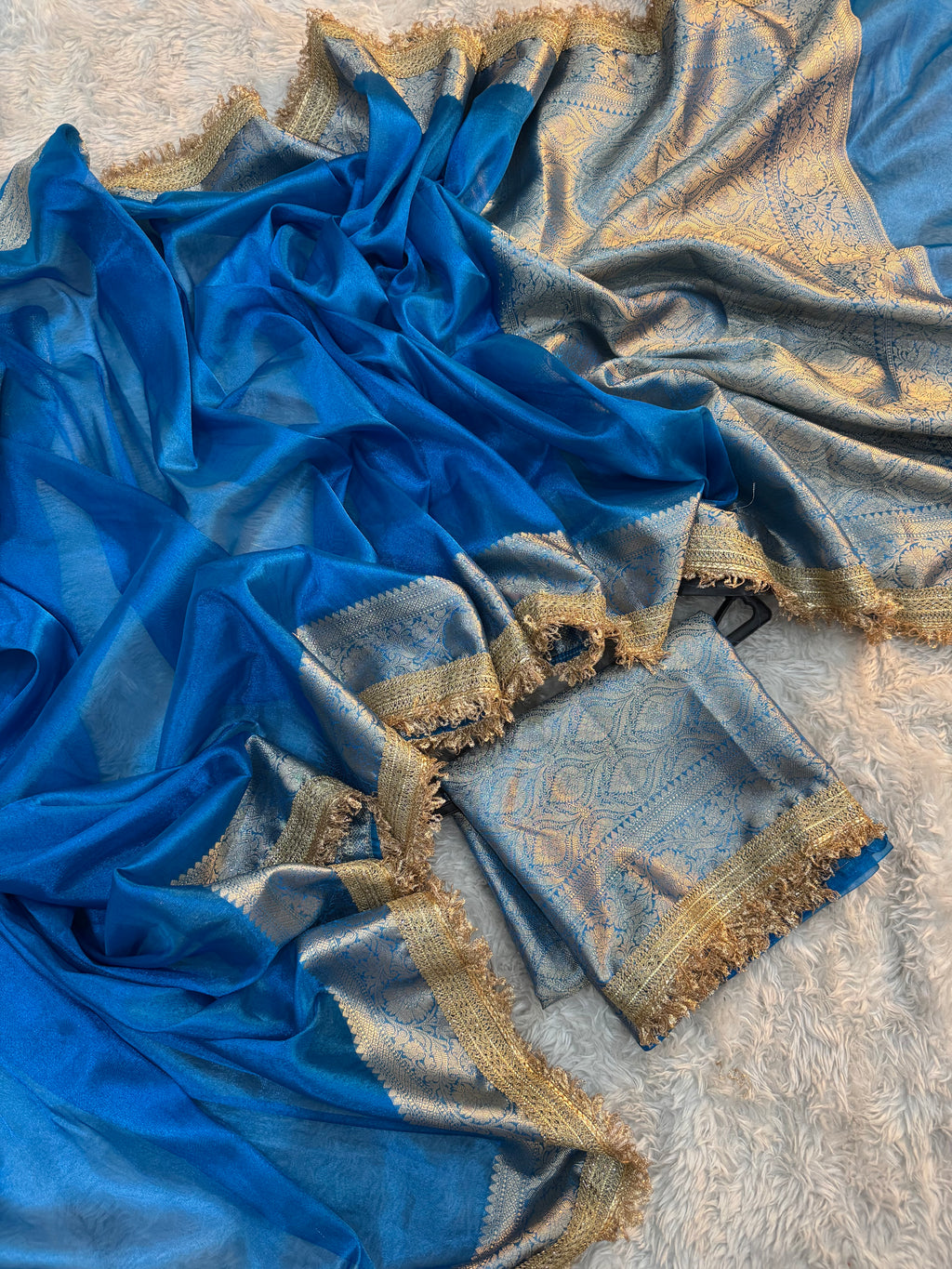 PREMIUM BLUE SHADE SOFT TISSUE SILK SAREE WITH LACE ATTACHED
