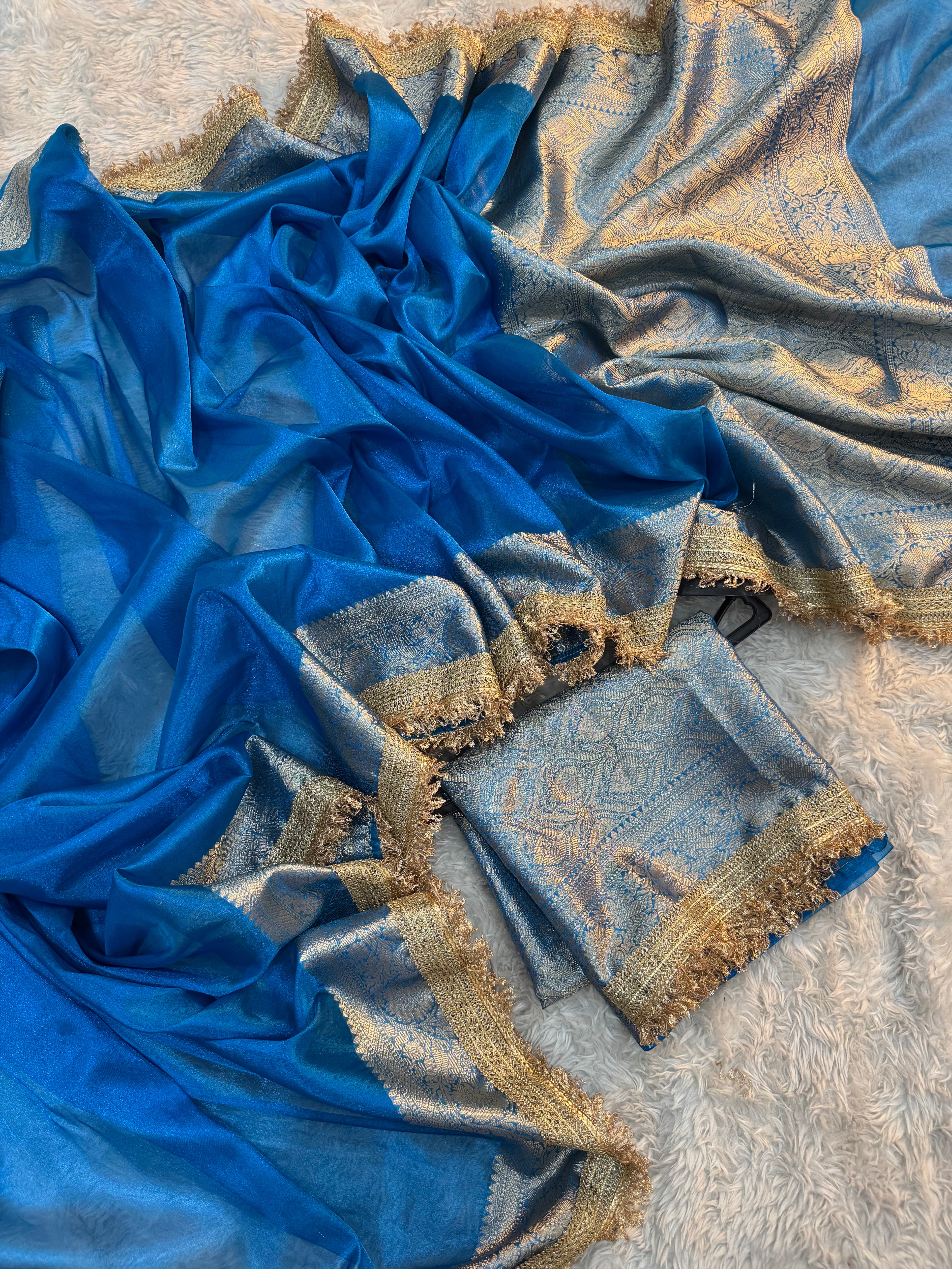 PREMIUM BLUE SHADE SOFT TISSUE SILK SAREE WITH LACE ATTACHED