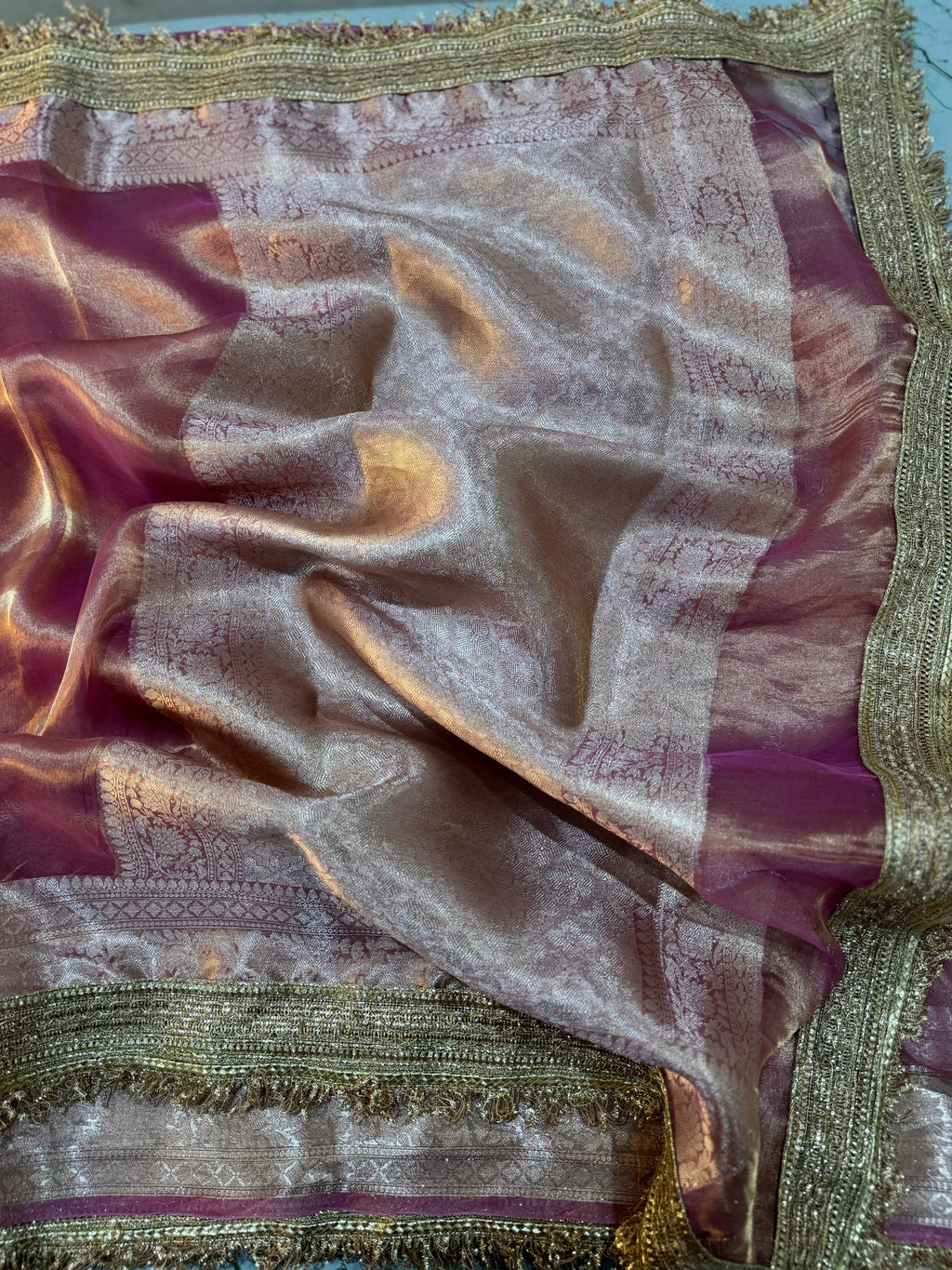 LUXURIOUS PINK SHADE SOFT PURE TISSUE SILK SAREE WITH BEAUTIFUL LACE ATTACHED