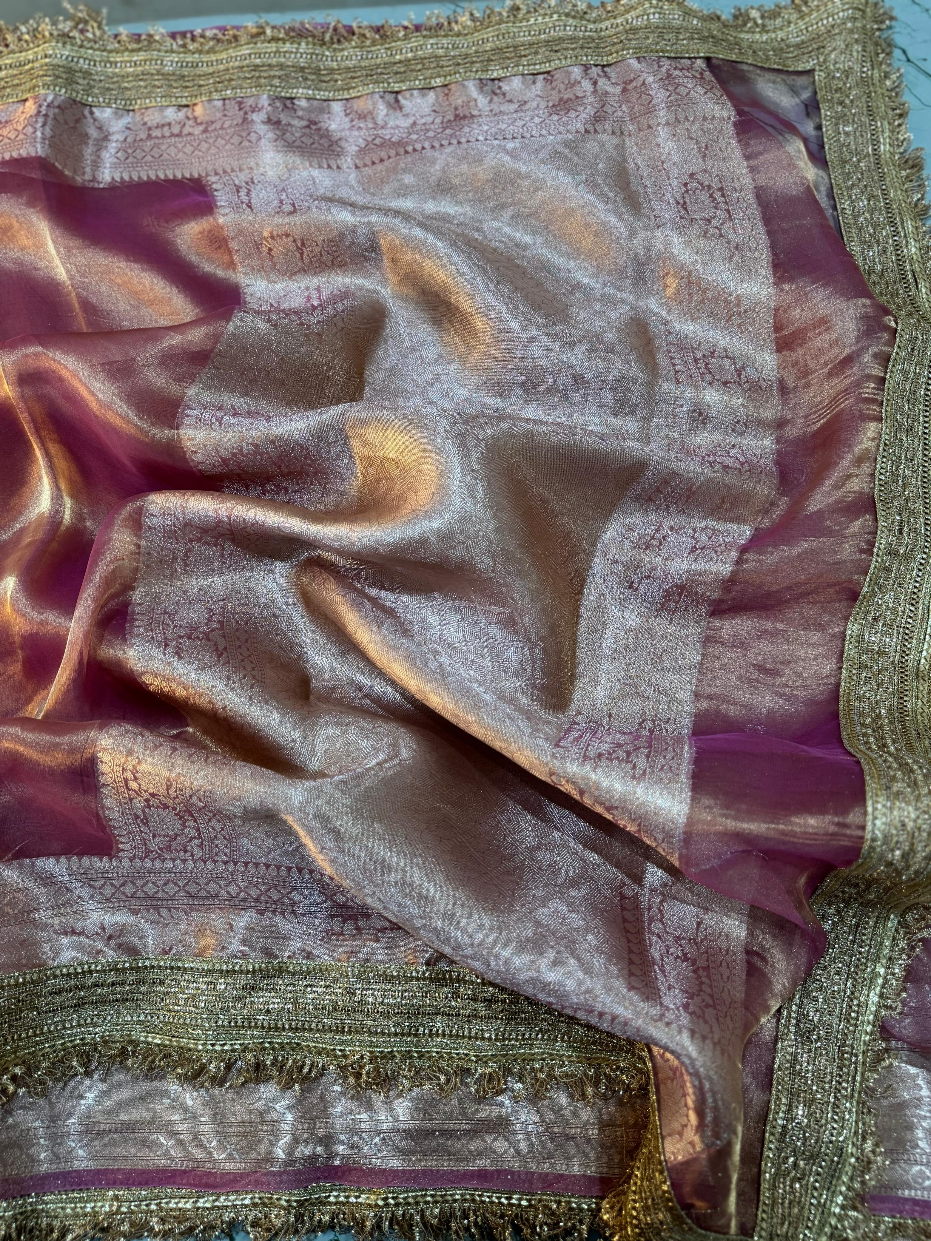 LUXURIOUS PINK SHADE SOFT PURE TISSUE SILK SAREE WITH BEAUTIFUL LACE ATTACHED