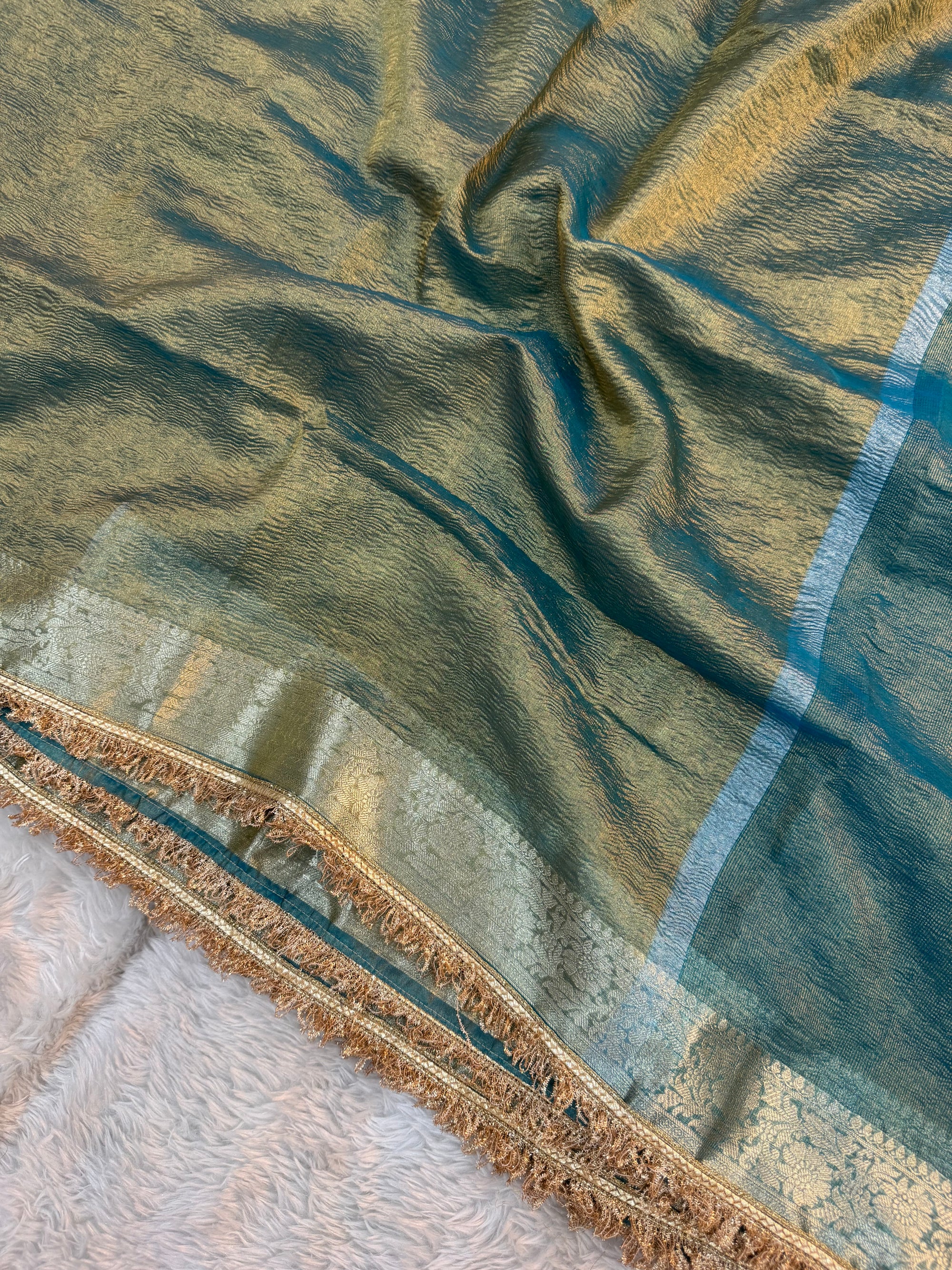 PREMIUM AQUA BLUE SHADE SOFT CRUSH TISSUE SILK SAREE WITH LACE ATTACHED