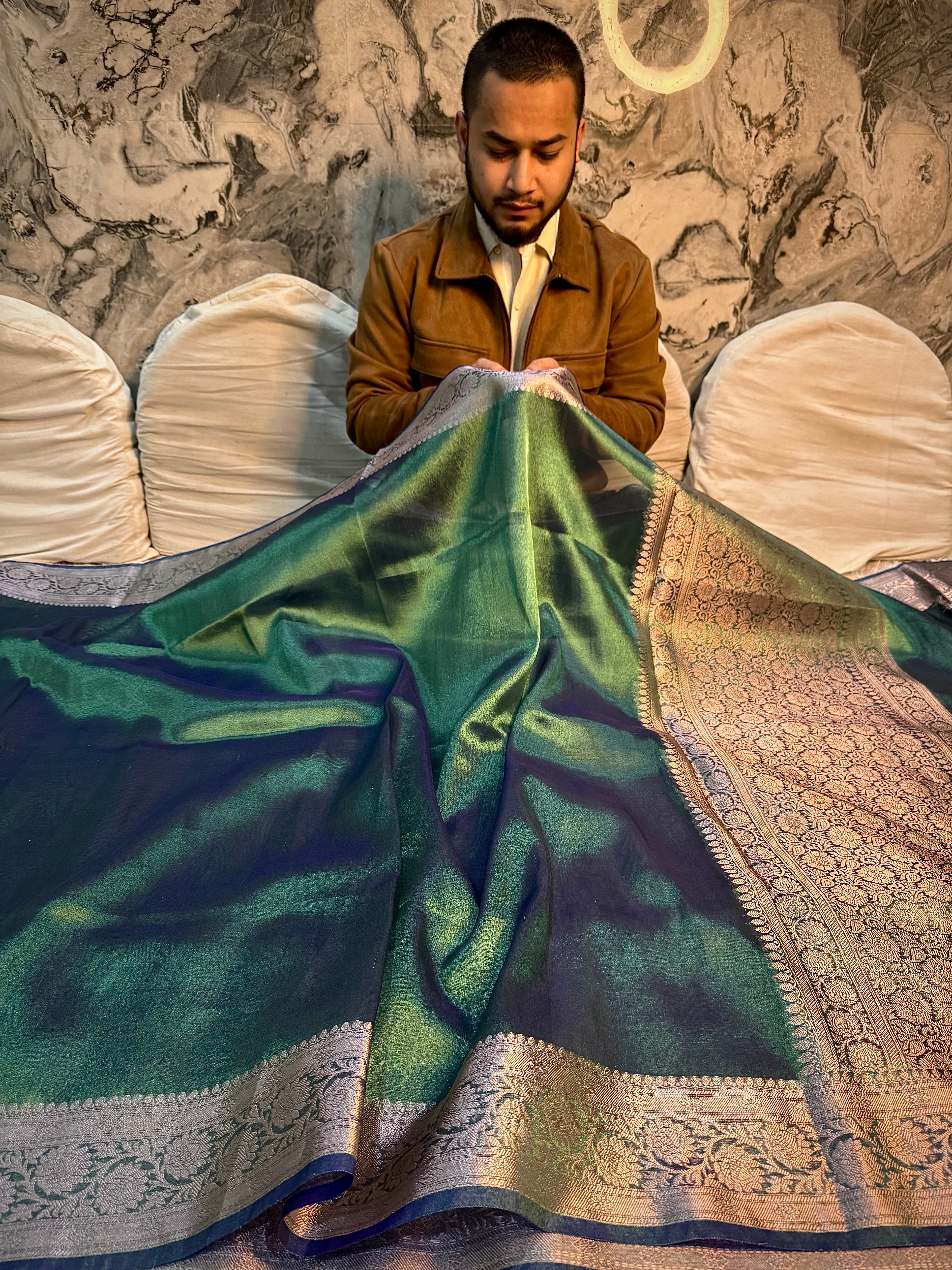 EXCLUSIVE PEACOCK GREEN SHADE SOFT TISSUE SILK SAREE