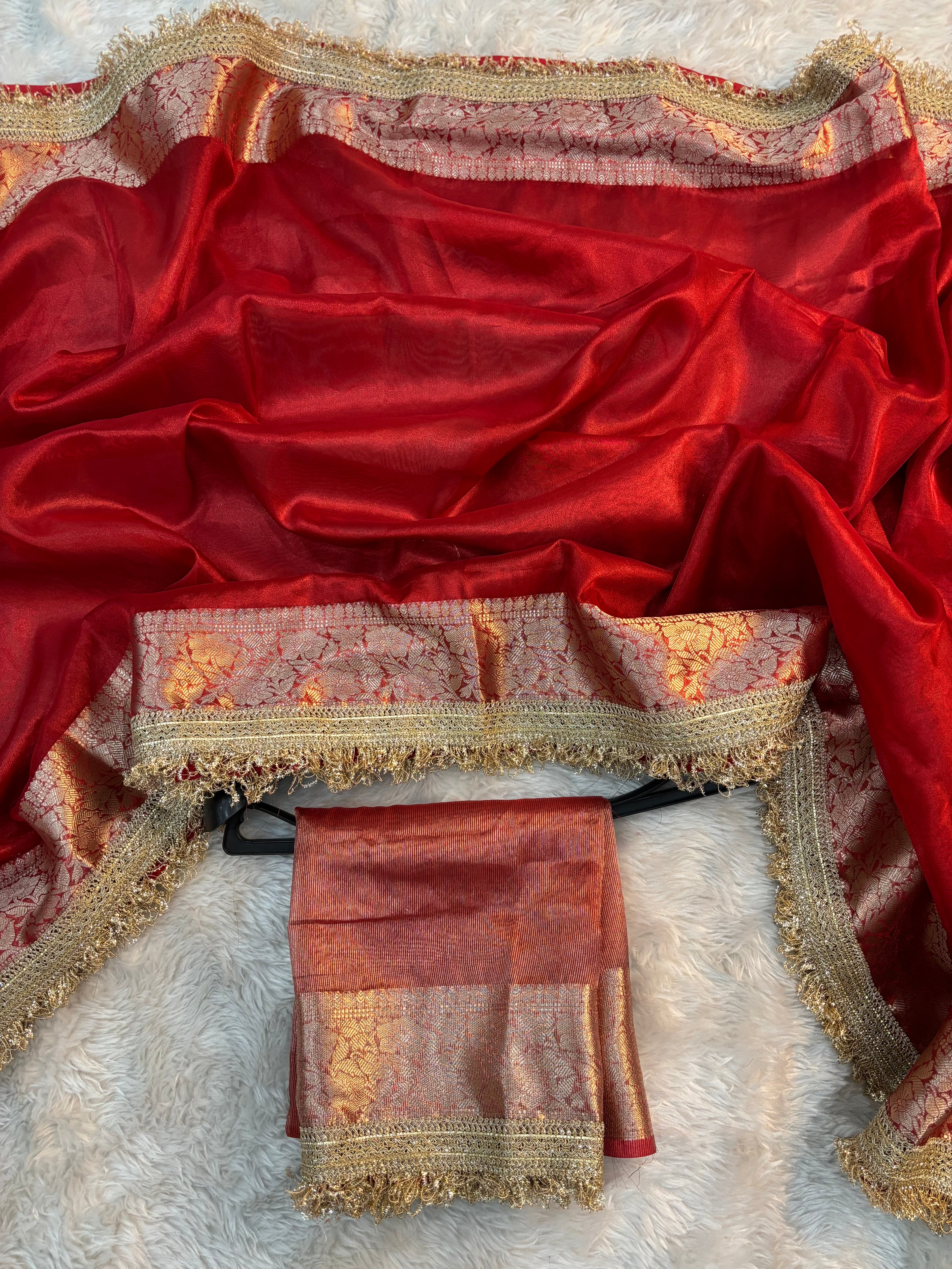 PREMIUM RED SHADE SOFT TISSUE SILK SAREE WITH LACE ATTACHED