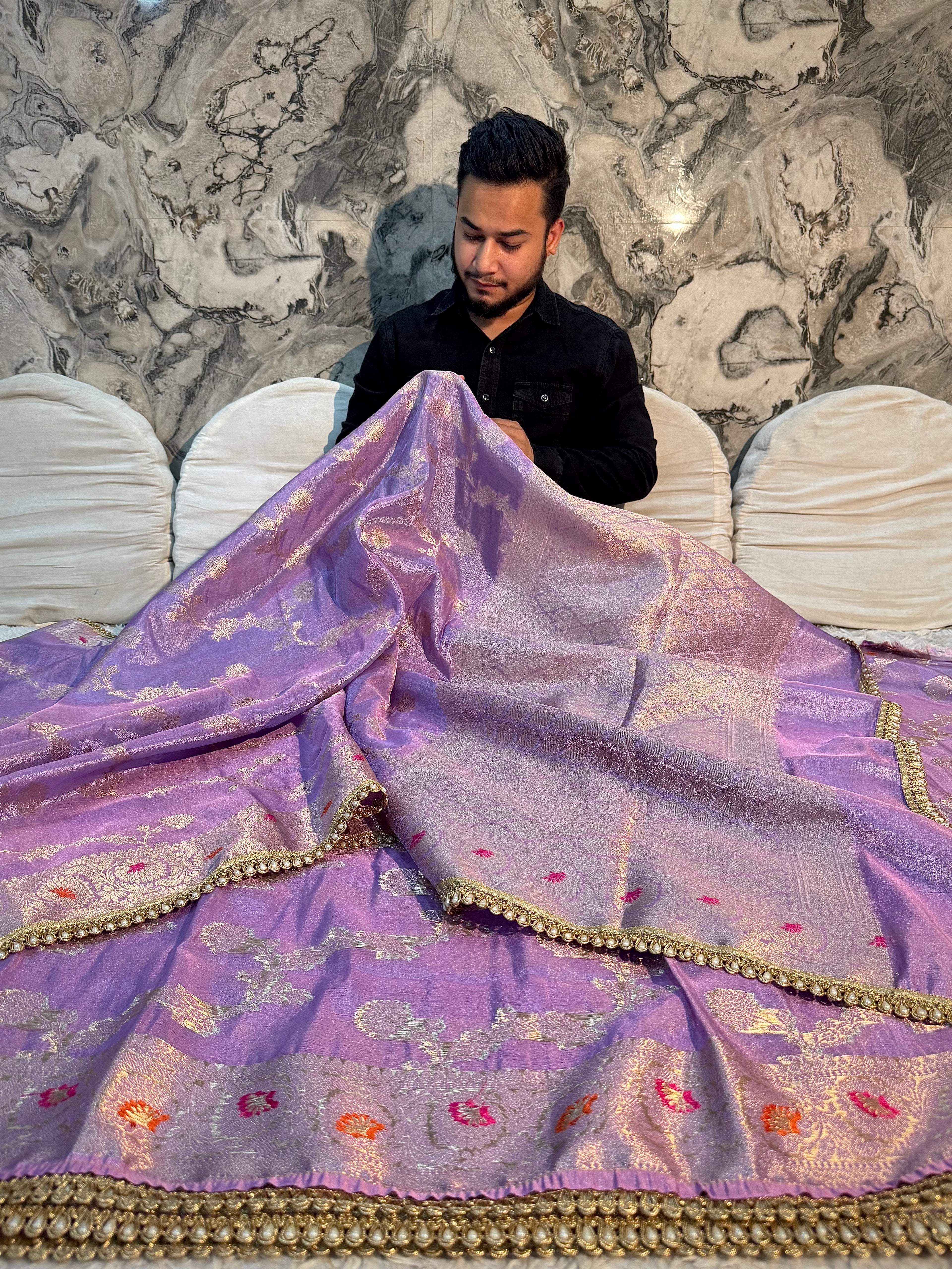 PREMIUM METALLIC LAVEDNDER BANARASI KATAN TISSUE SILK DESIGNER SAREE