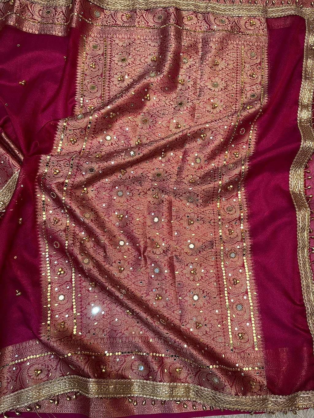 PREMIUM RANI SHADE SOFT BANARASI TISSUE SILK GHUNGROO WORK WITH MIRROR WORK DESIGNER SAREE