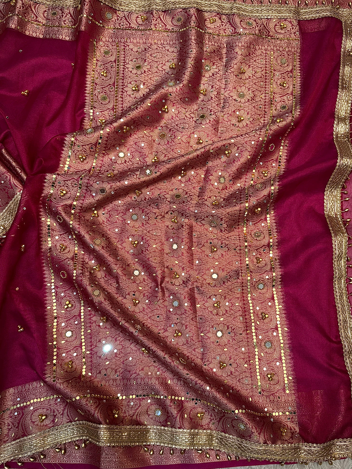 PREMIUM RANI SHADE SOFT BANARASI TISSUE SILK GHUNGROO WORK WITH MIRROR WORK DESIGNER SAREE