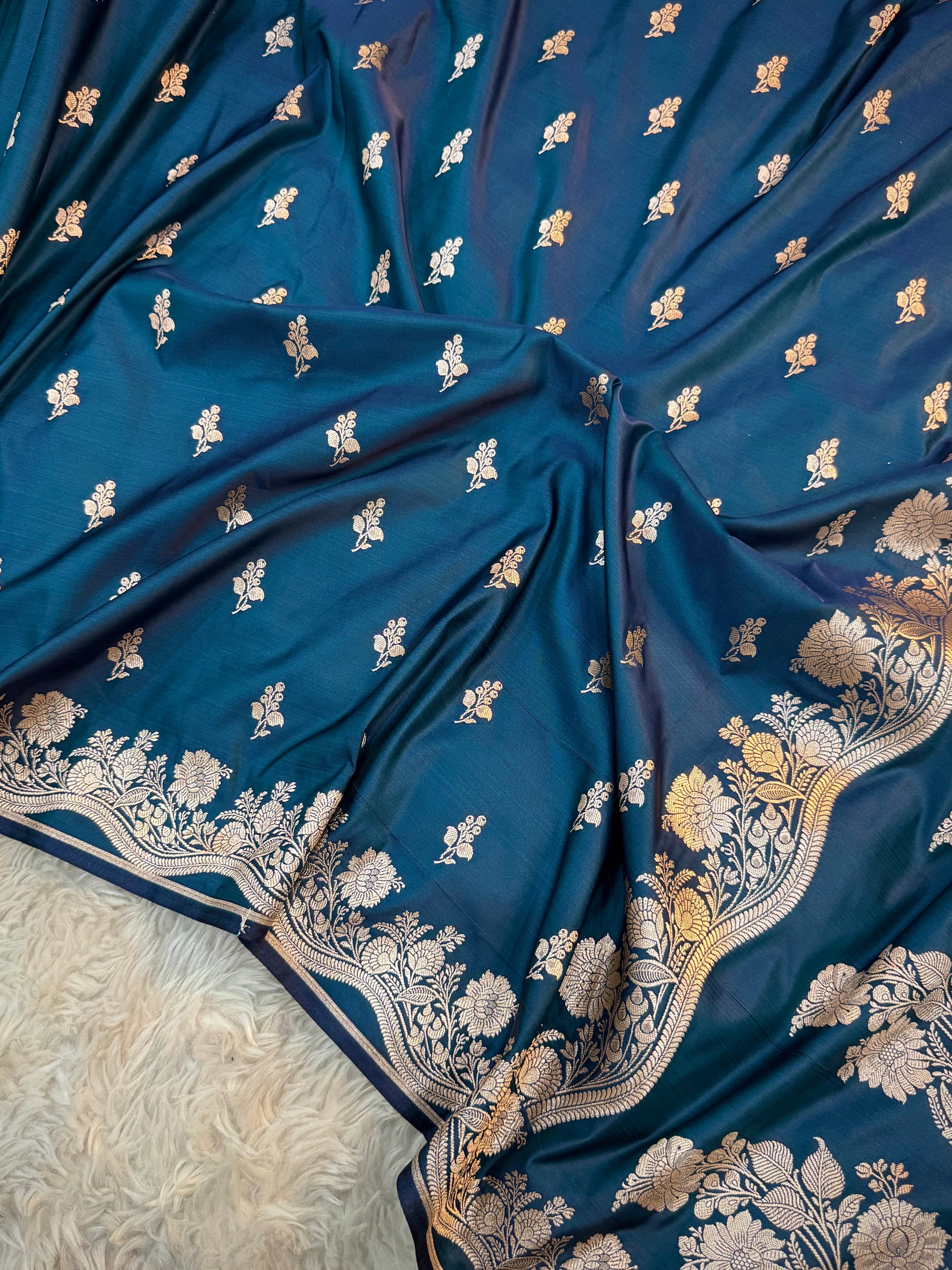 PREMIUM GERMAN BLUE SHADE SATIN MASHRU KATAN SILK SAREE