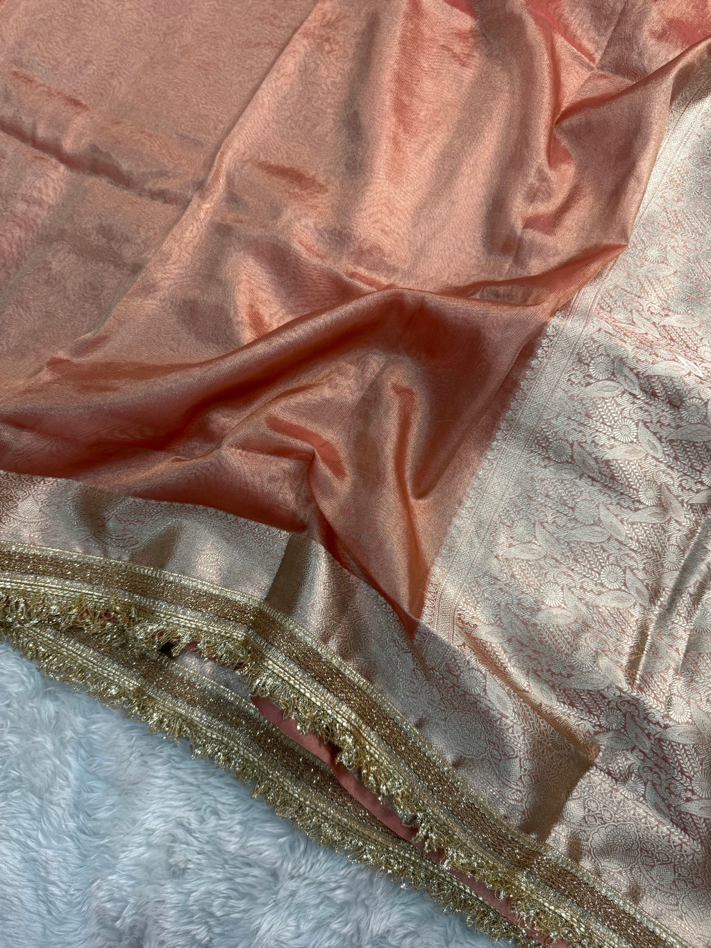 PREMIUM PEACH SHADE SOFT TISSUE SILK SAREE WITH LACE ATTACHED