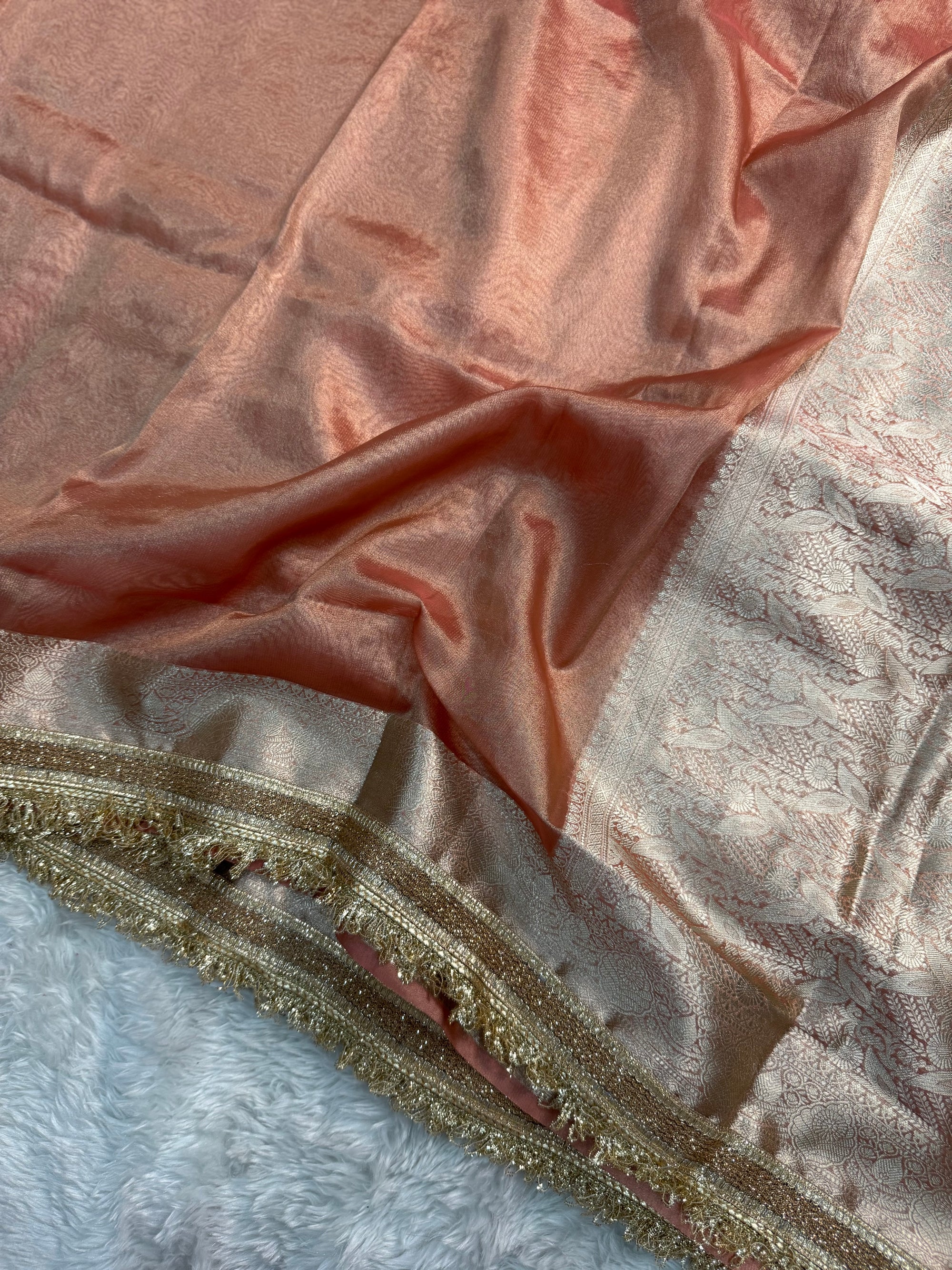 PREMIUM PEACH SHADE SOFT TISSUE SILK SAREE WITH LACE ATTACHED