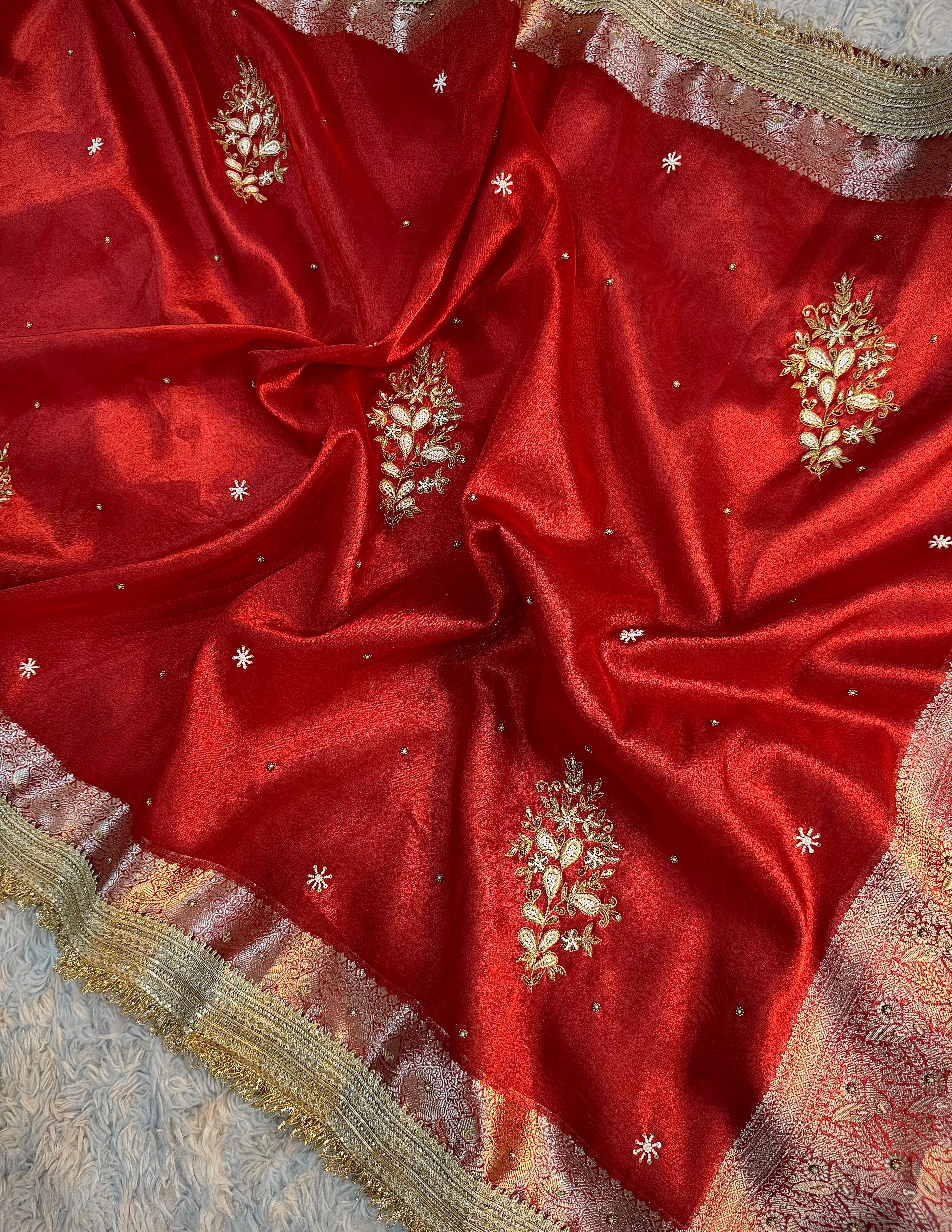 LUXURIOUS BRIDAL RED SHADE SOFT TISSUE SILK WITH PREMIUM ZARDOZI AND LACE WORK