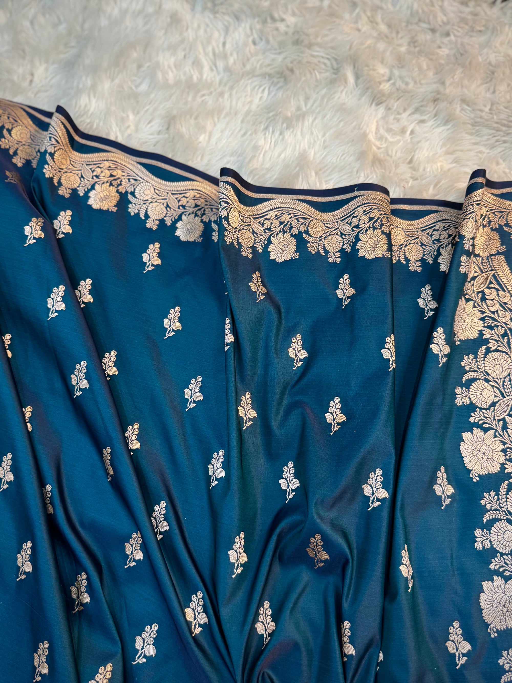 PREMIUM GERMAN BLUE SHADE SATIN MASHRU KATAN SILK SAREE