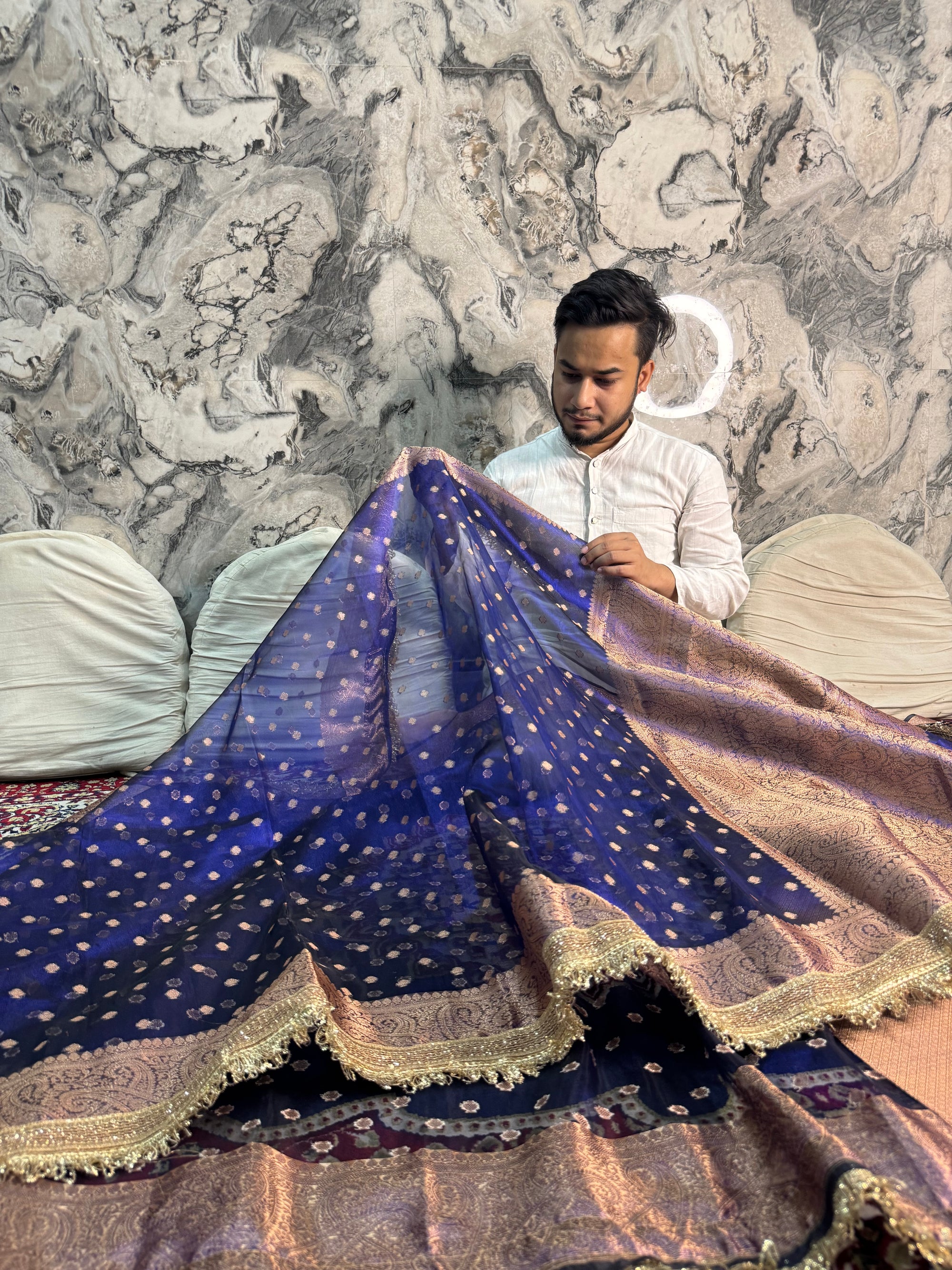 ROYAL BLUE SOFT TISSUE SILK SAREE WITH LACE ATTACHED