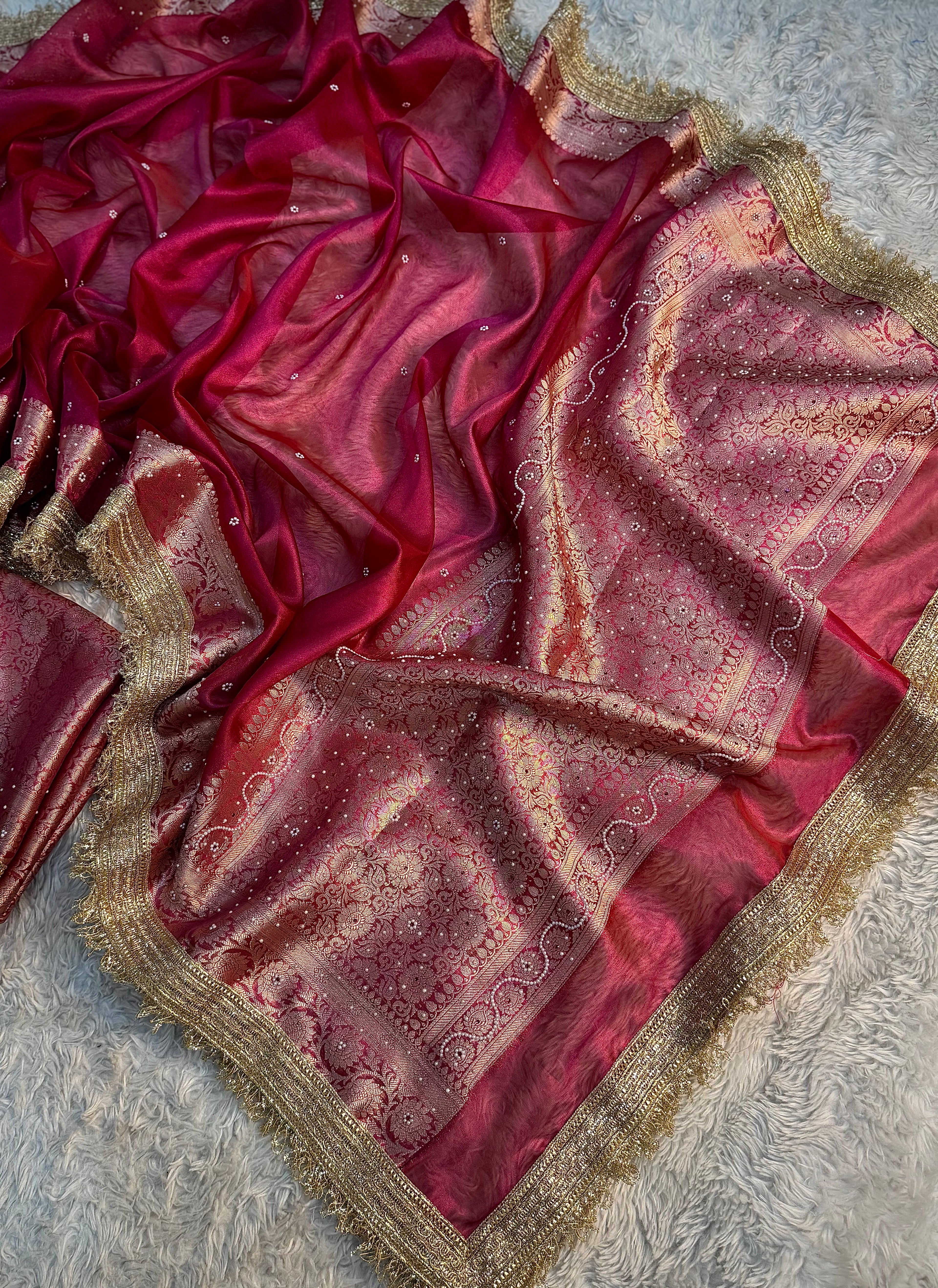 PREMIUM HOT RANI SHADE SOFT TISSUE SILK SAREE DESIGNER HAND STONE WORK WITH LACE ATTACHED