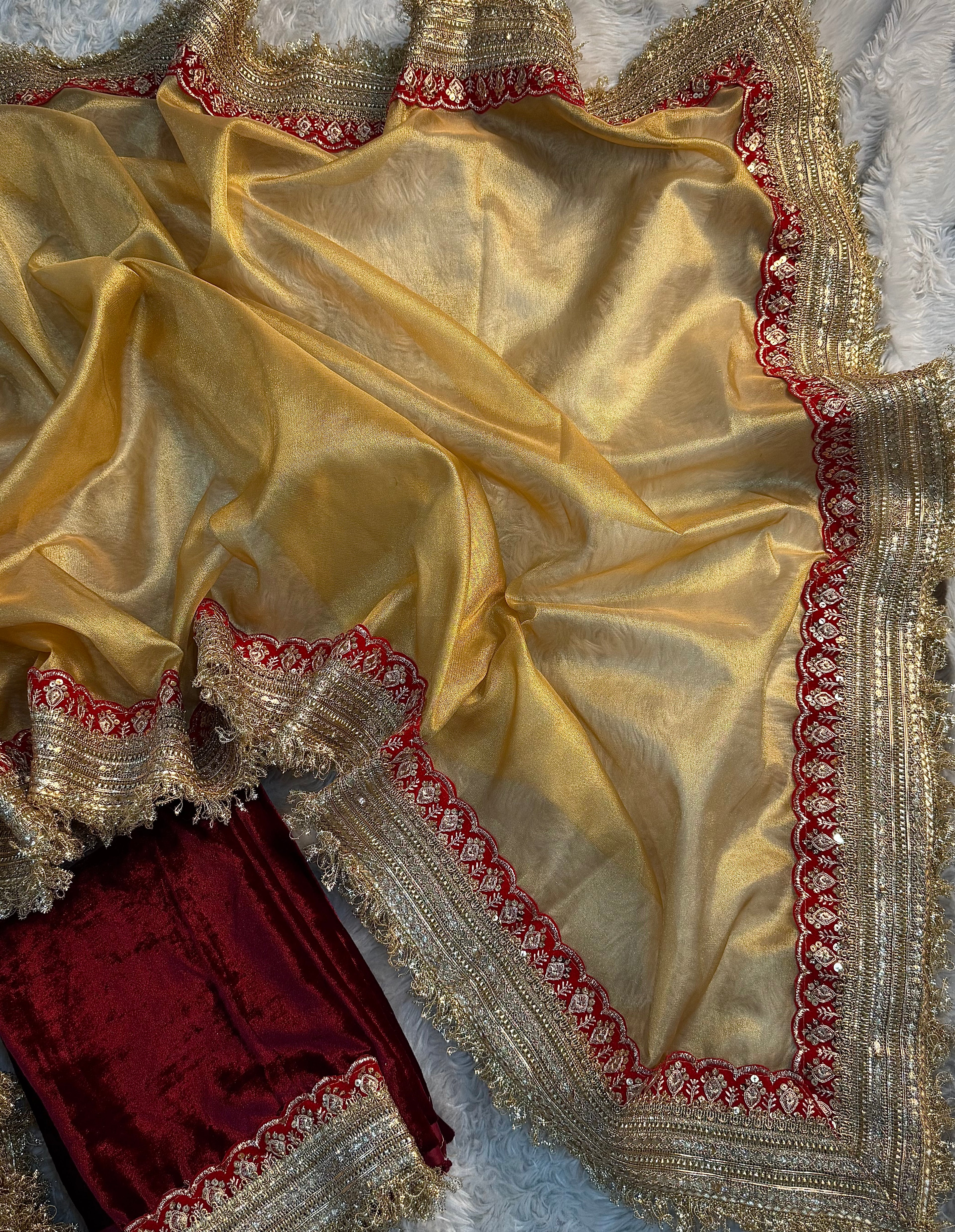 PREMIUM LIGHT GOLDEN SHADE SOFT TISSUE SILK SAREE WITH HEAVY LACE AND VELVET BLOUSE