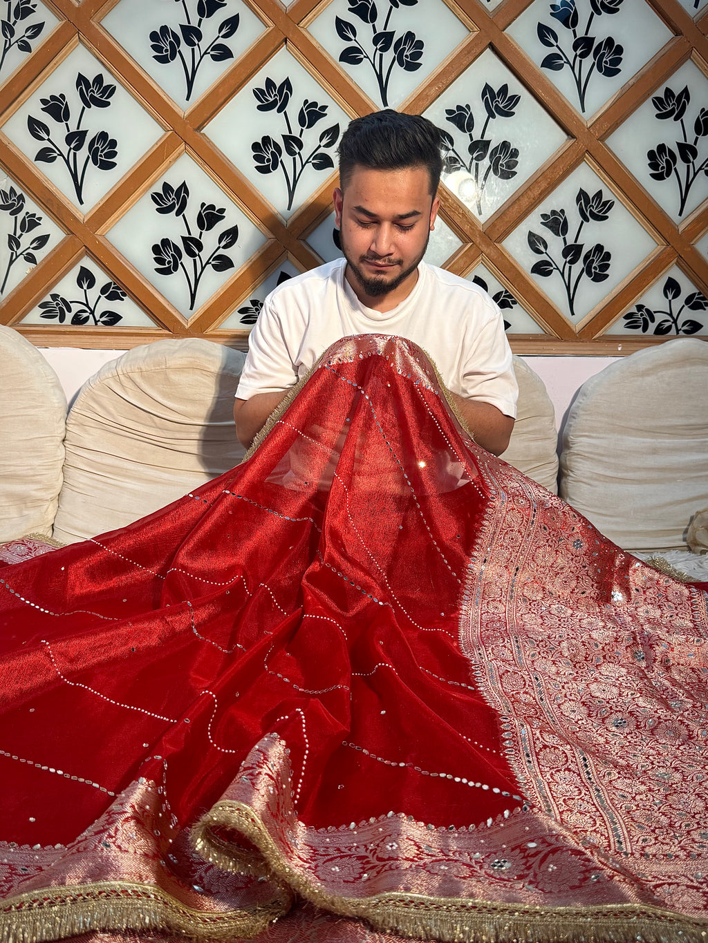 EXCLUSIVE BRIDAL RED SHADE SOFT TISSUE SILK MIRROR WORK DESIGNER SAREE