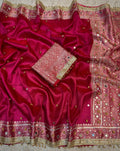 PREMIUM HOT RANI SHADE SOFT BANARASI TISSUE SILK GHUNGROO WORK WITH MIRROR WORK DESIGNER SAREE