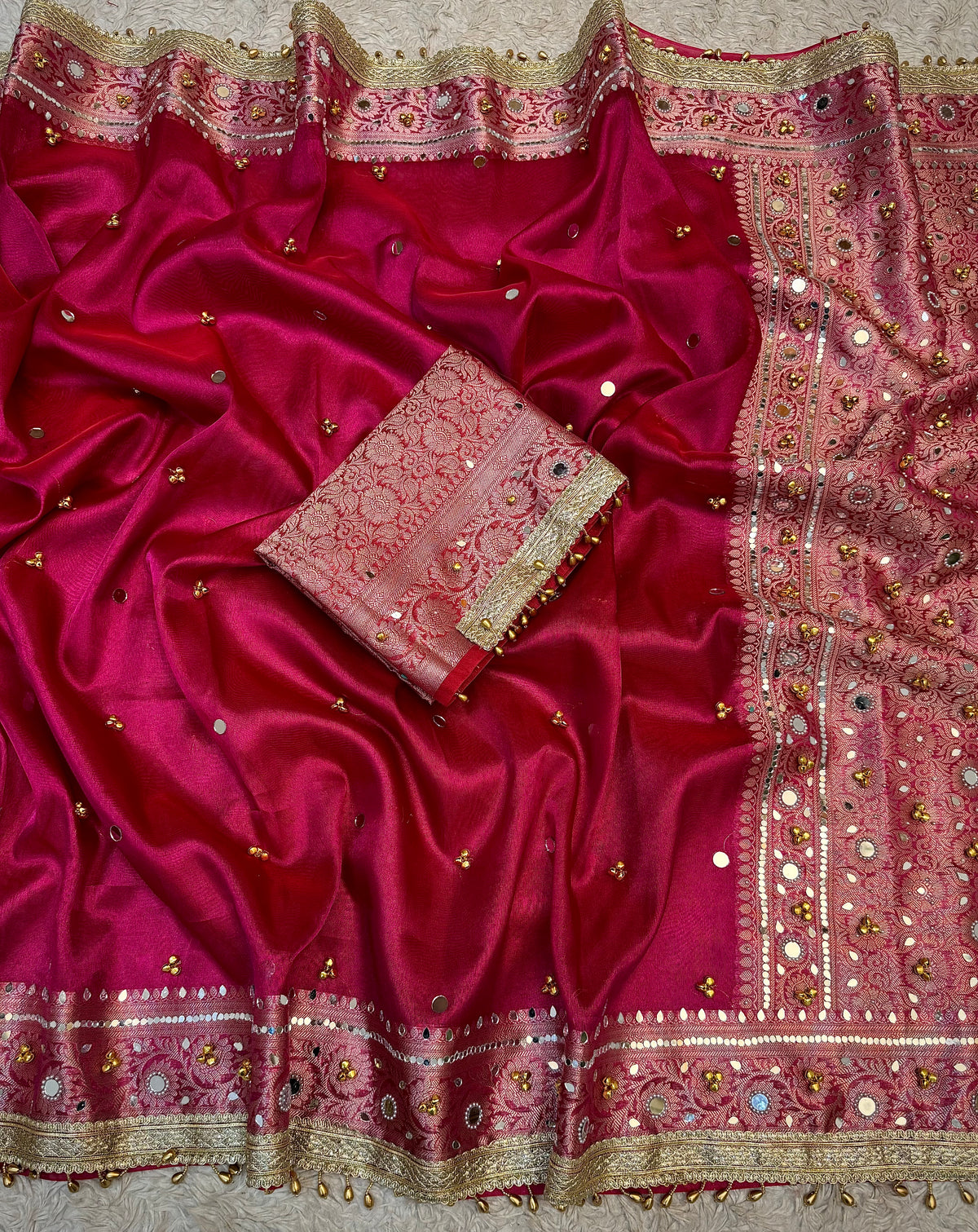 PREMIUM HOT RANI SHADE SOFT BANARASI TISSUE SILK GHUNGROO WORK WITH MIRROR WORK DESIGNER SAREE