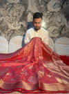 PREMIUM PEACH WITH RED SHADE BANARASI PAPER SILK SAREE WITH BEAUTIFUL DESIGN WEAVE